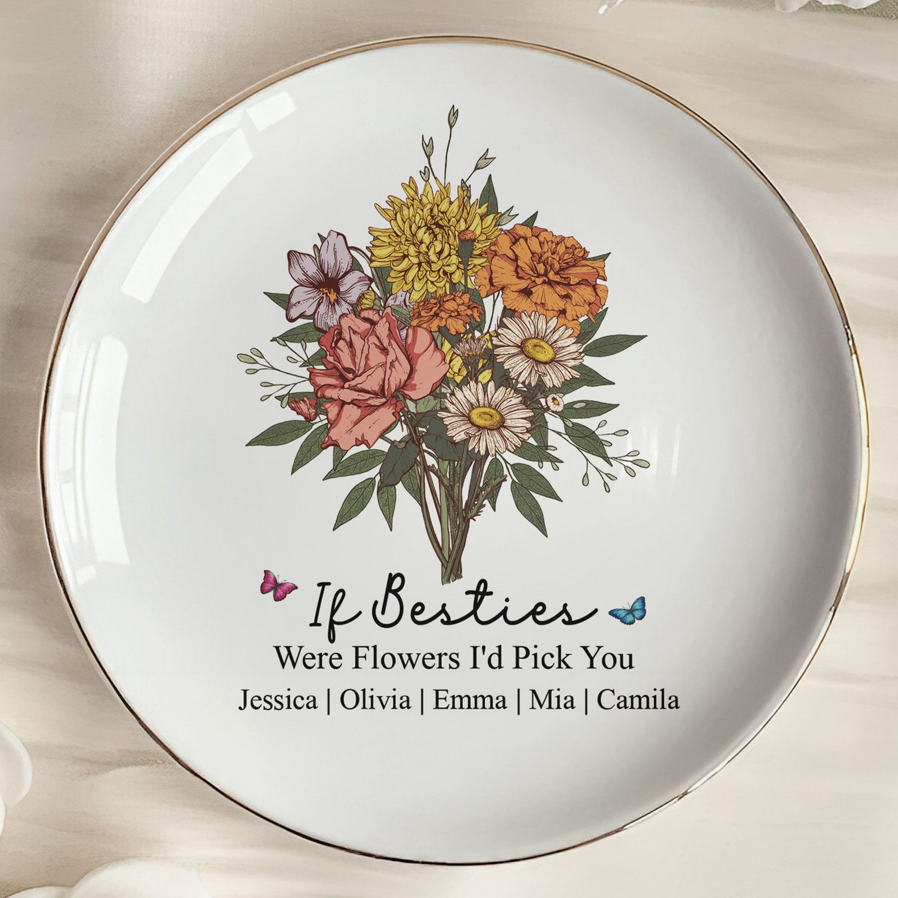 Custom Boho Birth Flowers Sisterhood, Friendship Bouquet Gifts For Sisters, Friends, Besties - Personalized Jewelry Dish