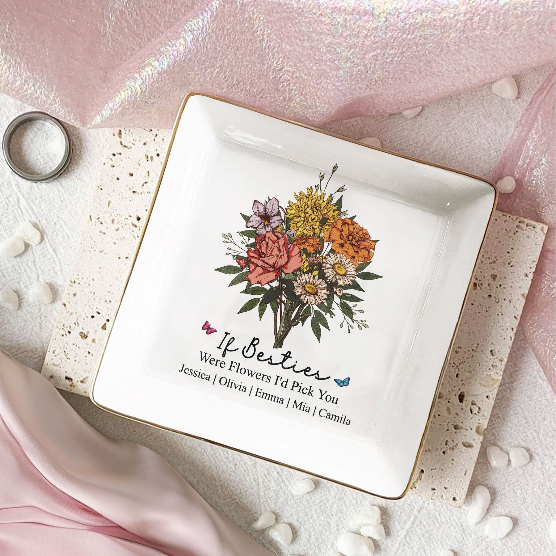 Custom Boho Birth Flowers Sisterhood, Friendship Bouquet Gifts For Sisters, Friends, Besties - Personalized Jewelry Dish