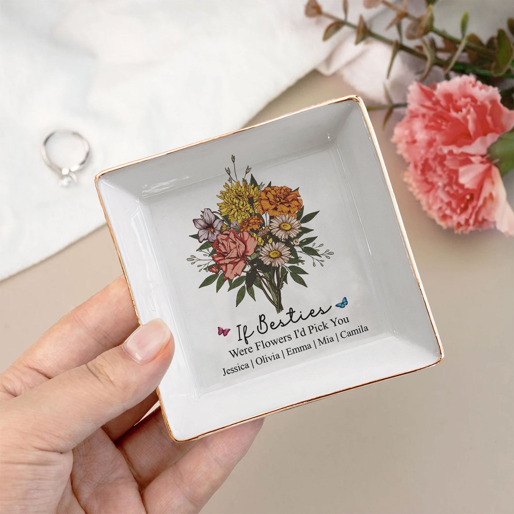 Custom Boho Birth Flowers Sisterhood, Friendship Bouquet Gifts For Sisters, Friends, Besties - Personalized Jewelry Dish