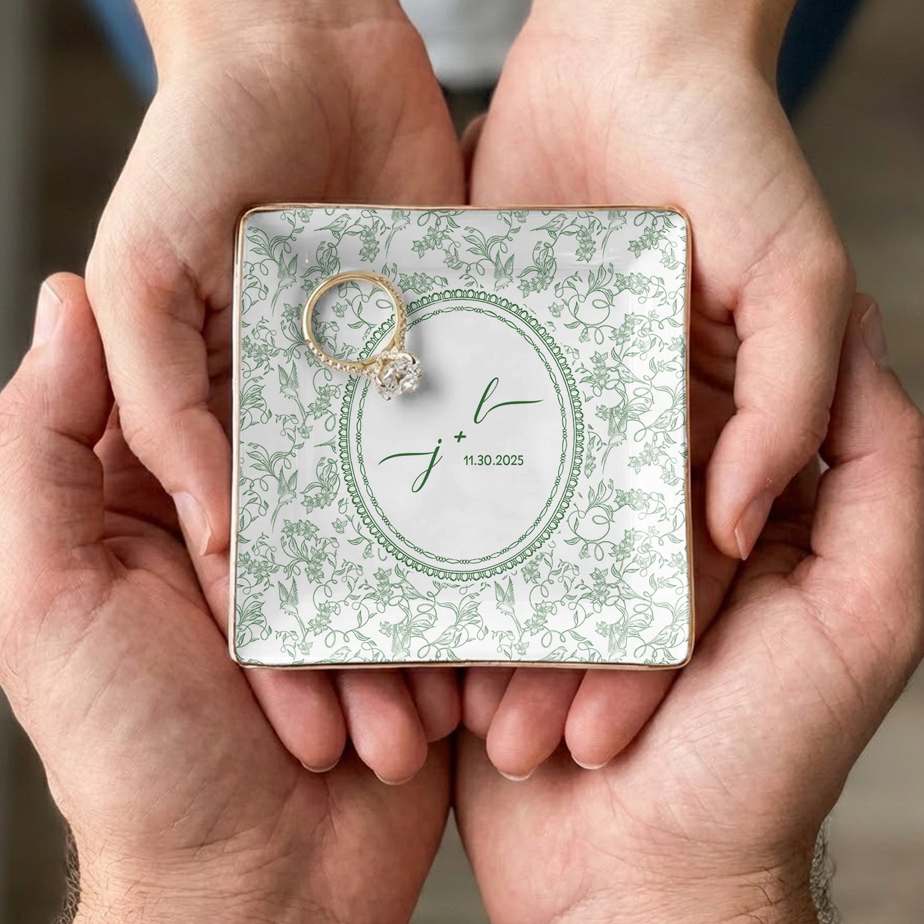 Custom Couple Initials & Date Toile De Jouy Ring Dish - Personalized Jewelry Dish