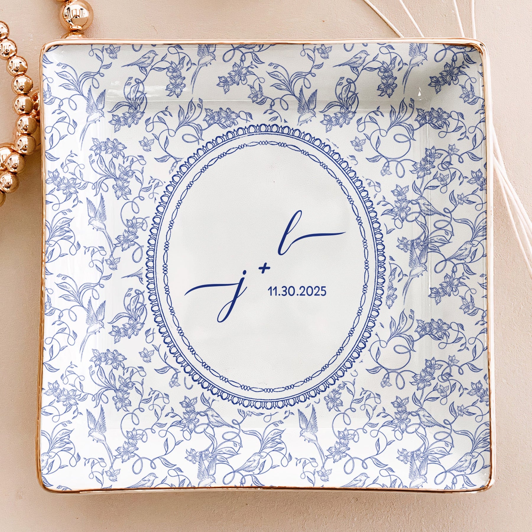 Custom Couple Initials & Date Toile De Jouy Ring Dish - Personalized Jewelry Dish