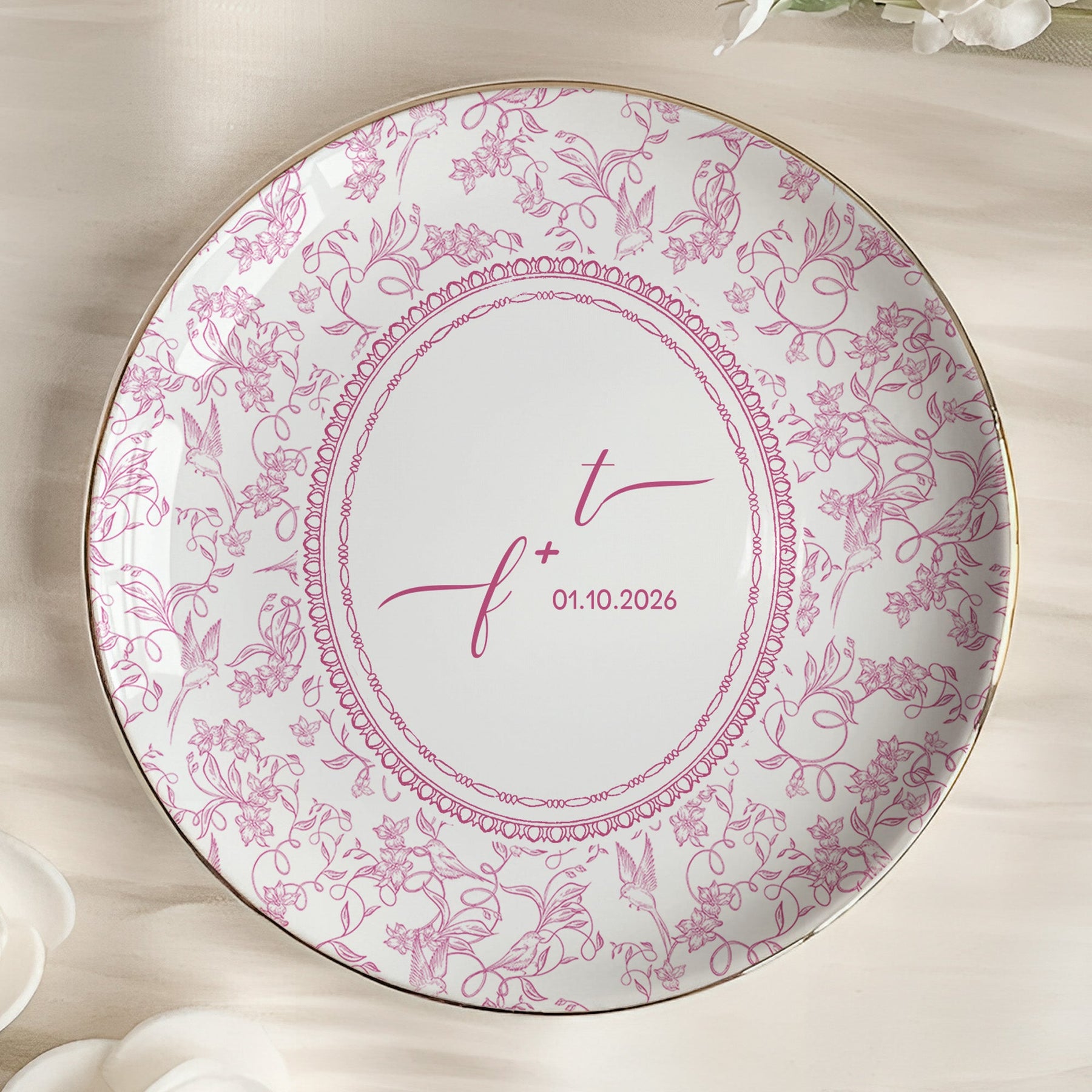 Custom Couple Initials & Date Toile De Jouy Ring Dish - Personalized Jewelry Dish