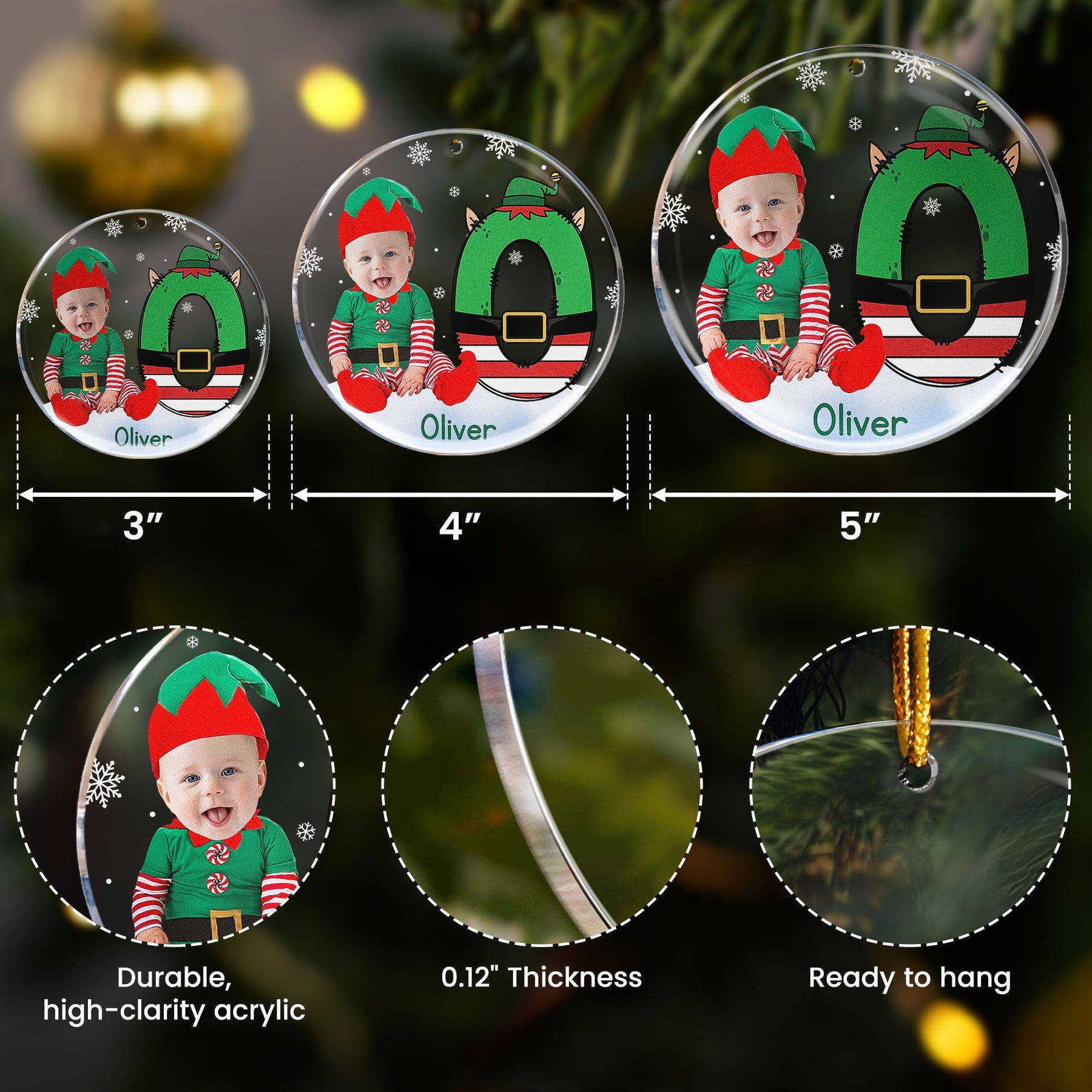 Custom Face Baby Elf Alphabet - Personalized Acrylic Photo Ornament