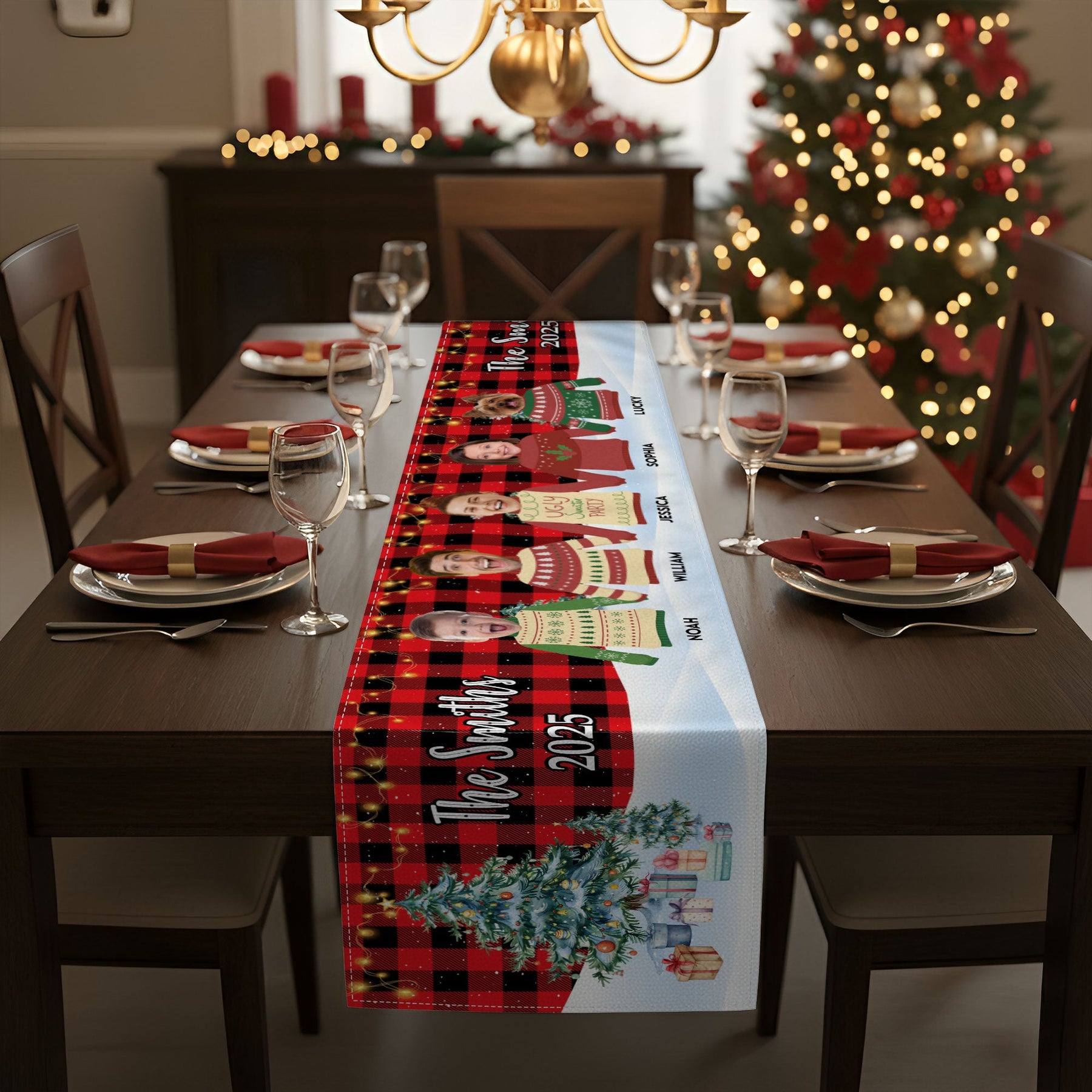 Custom Face Funny Festive Plant Buffalo Plaid - Personalized Photo Table Runner