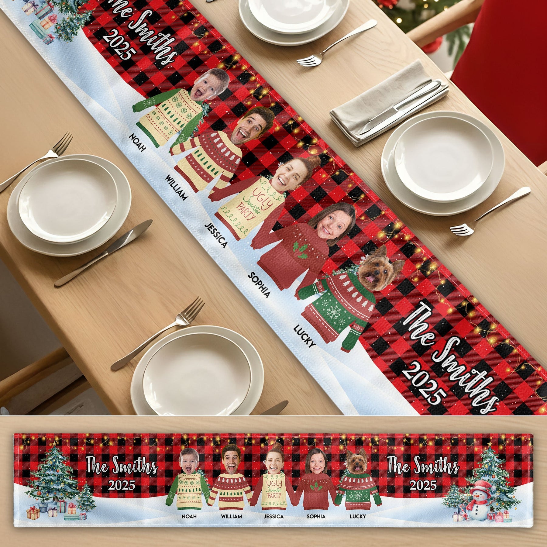 Custom Face Funny Festive Plant Buffalo Plaid - Personalized Photo Table Runner