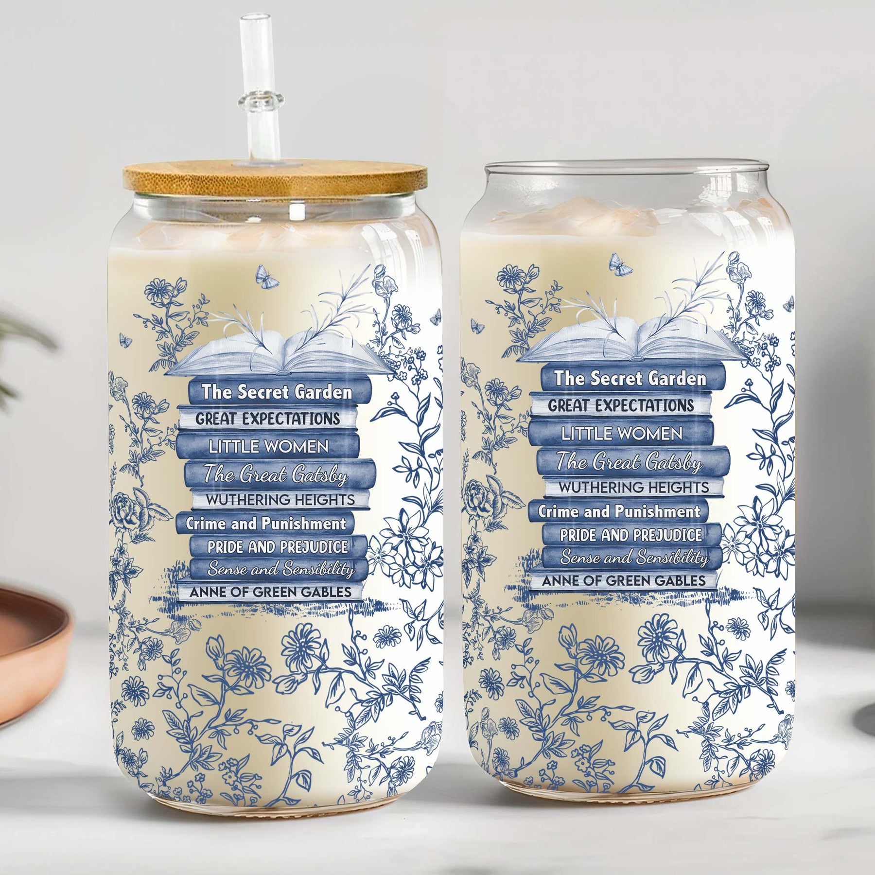 Custom Favorite Books Toile De Jouy - Personalized Clear Glass Cup