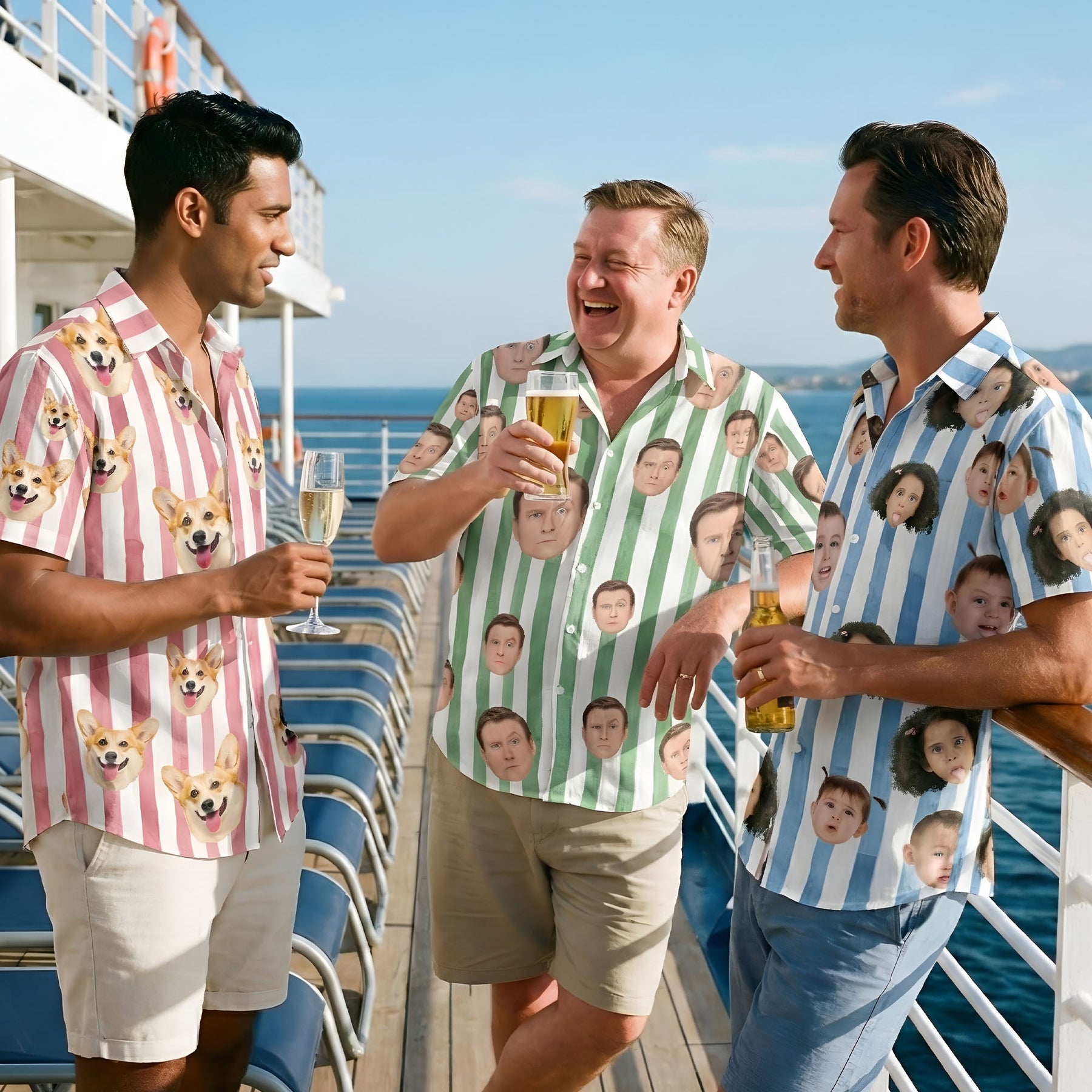 Custom Funny Face Retro Striped Pattern Trendy Summer For Family Matching - Personalized Photo Hawaiian Shirt