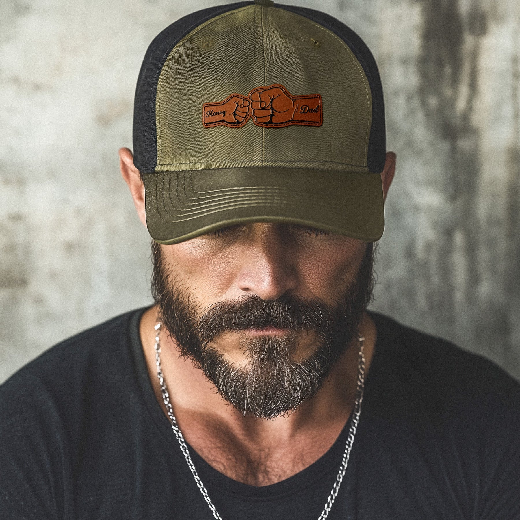Custom Hat With Kids Names Fist Bump - Personalized Leather Patch Hat