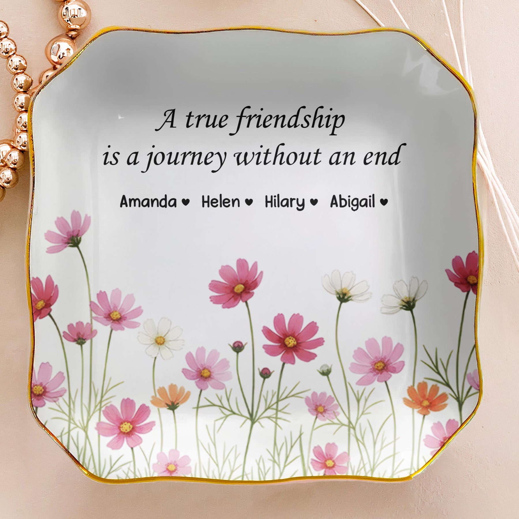 Custom Her Birth Flower & Message, Friendship Thank You Gift For Besties, Sisters - Personalized Jewelry Dish