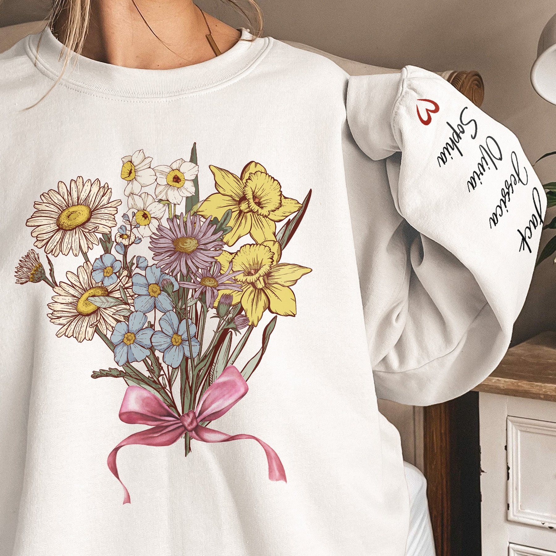 Custom Kid Birth Month Flower On Sleeves For Grandma, Mum - Personalized Sweatshirt