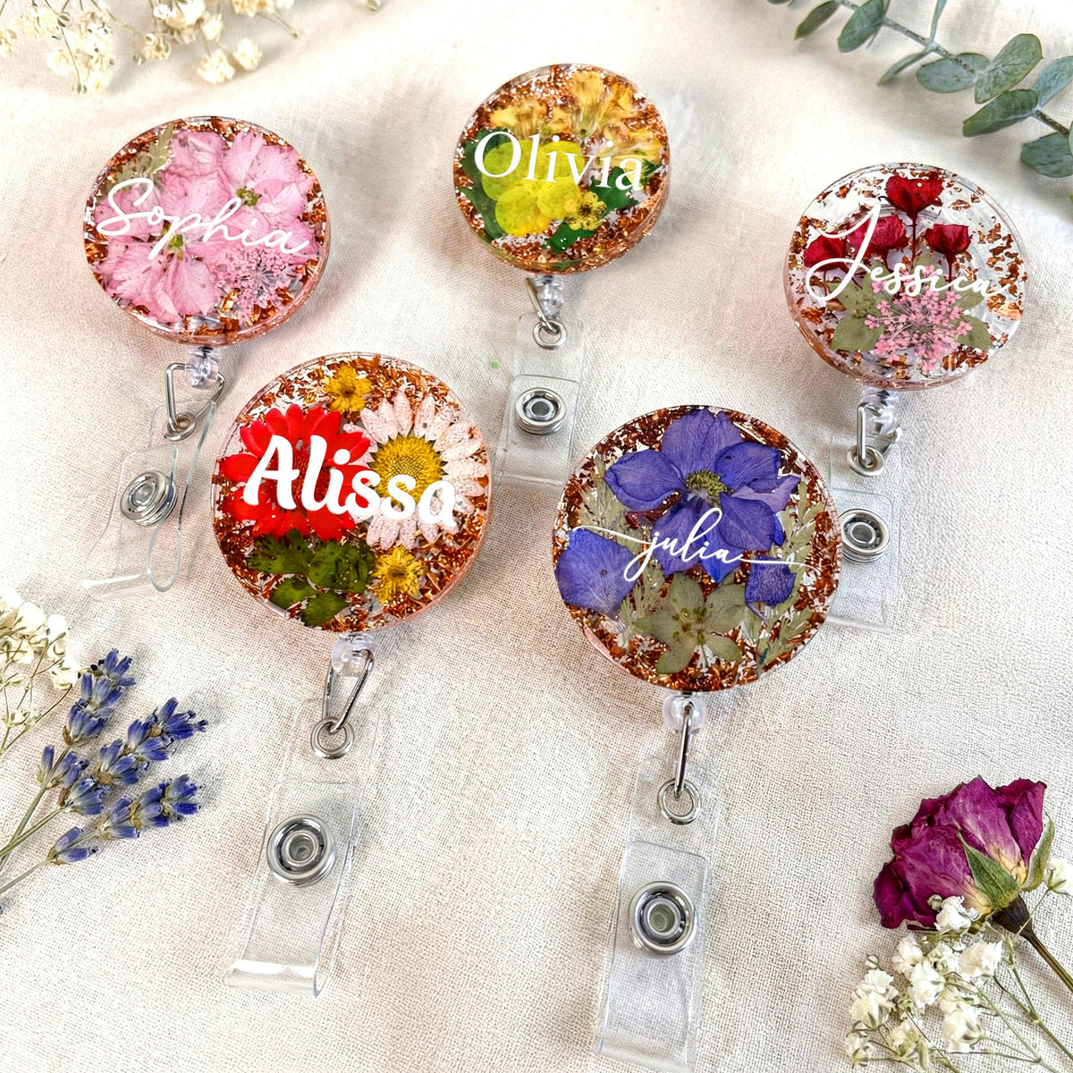 Custom Name And Birth Month Flower - Personalized Resin Birth Flower Badge Reel