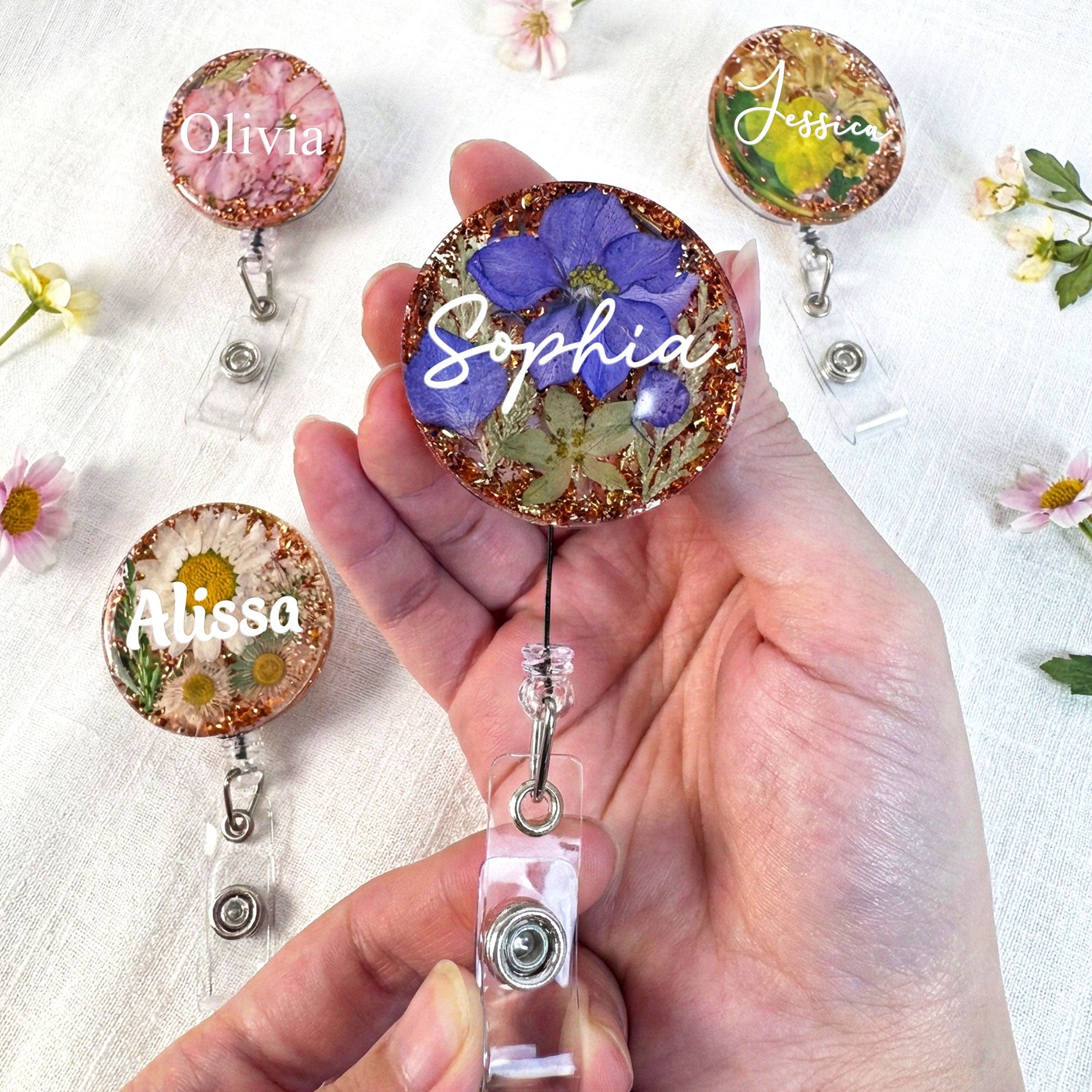 Custom Name And Birth Month Flower - Personalized Resin Birth Flower Badge Reel