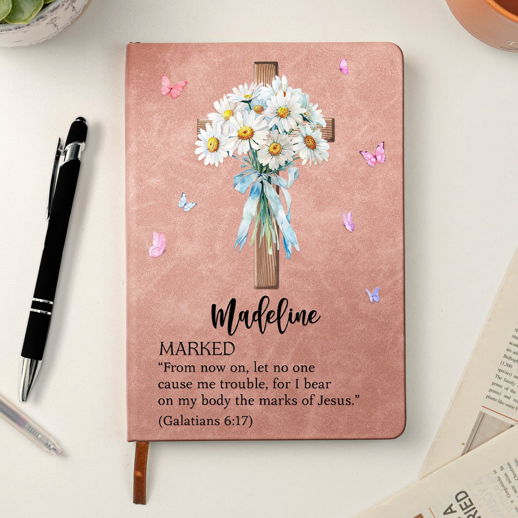 Custom Name With Matching Bible Verse Christian Gift - Personalized Leather Journal