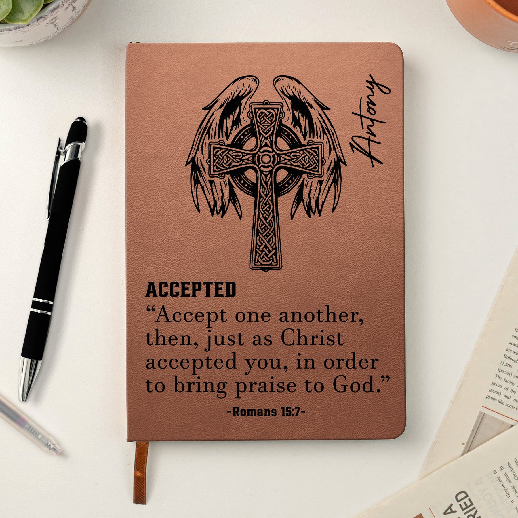 Custom Name With Matching Bible Verse Faith Gift For Him - Personalized Leather Journal