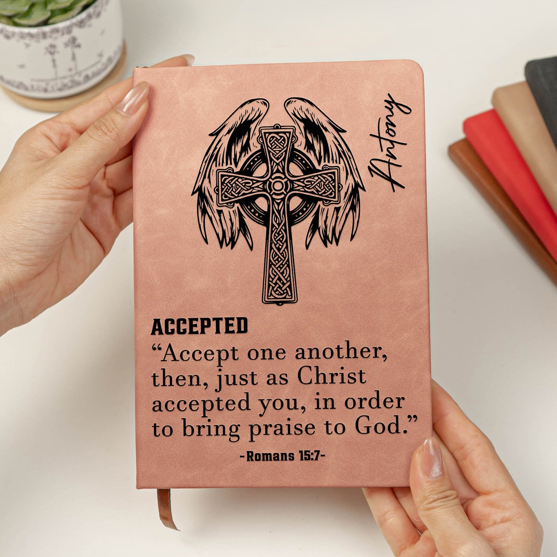 Custom Name With Matching Bible Verse Faith Gift For Him - Personalized Leather Journal