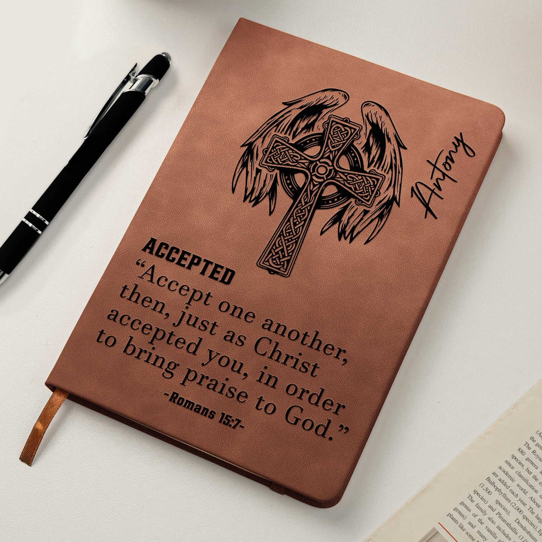 Custom Name With Matching Bible Verse Faith Gift For Him - Personalized Leather Journal