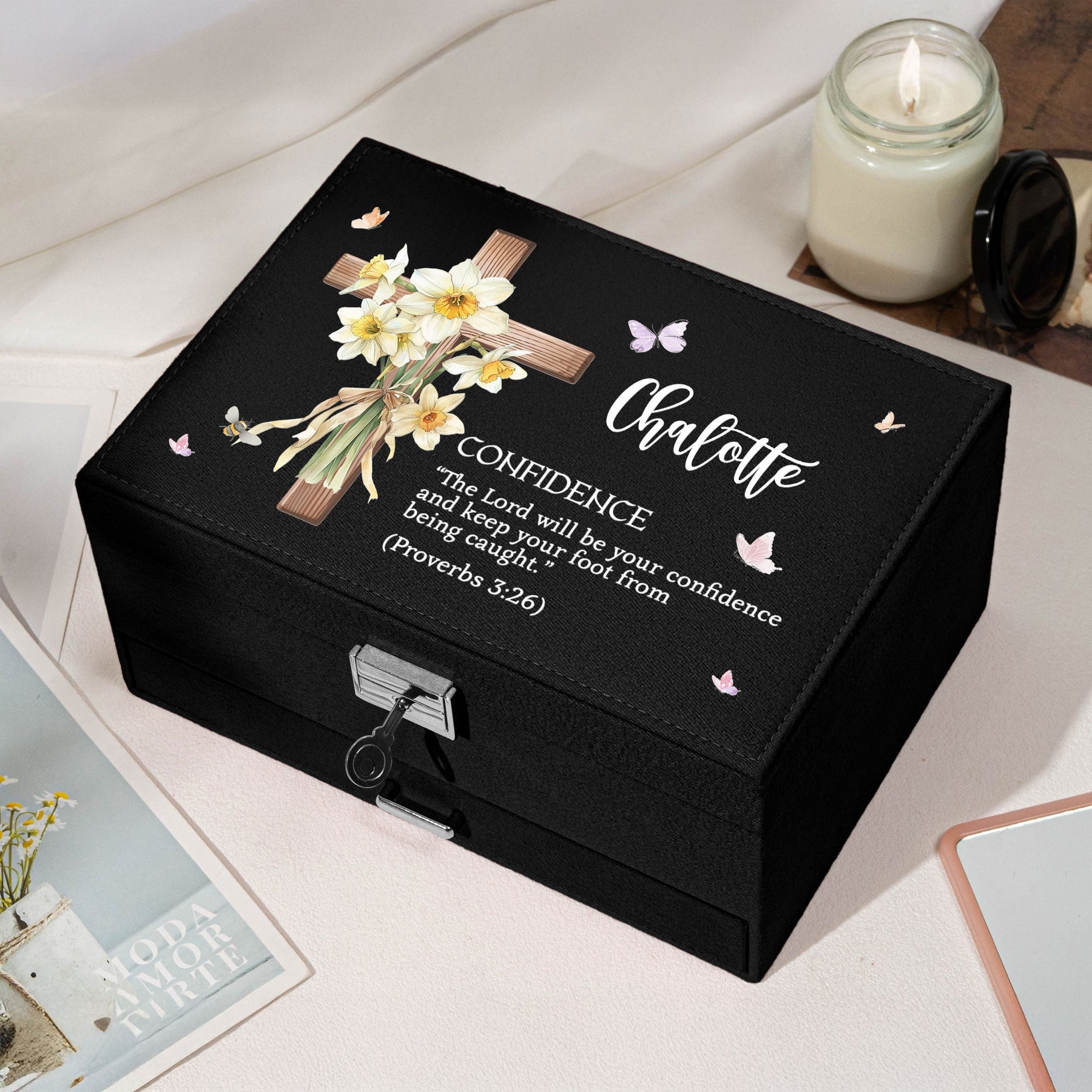Custom Name With Matching Bible Verse Faith Gift - Personalized Large Jewelry Box
