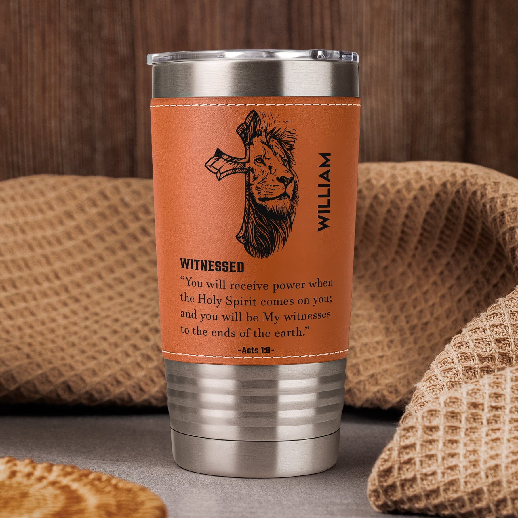 Custom Name With Matching Bible Verse Gift For Him - Personalized 20oz Leather Wrapped Tumbler