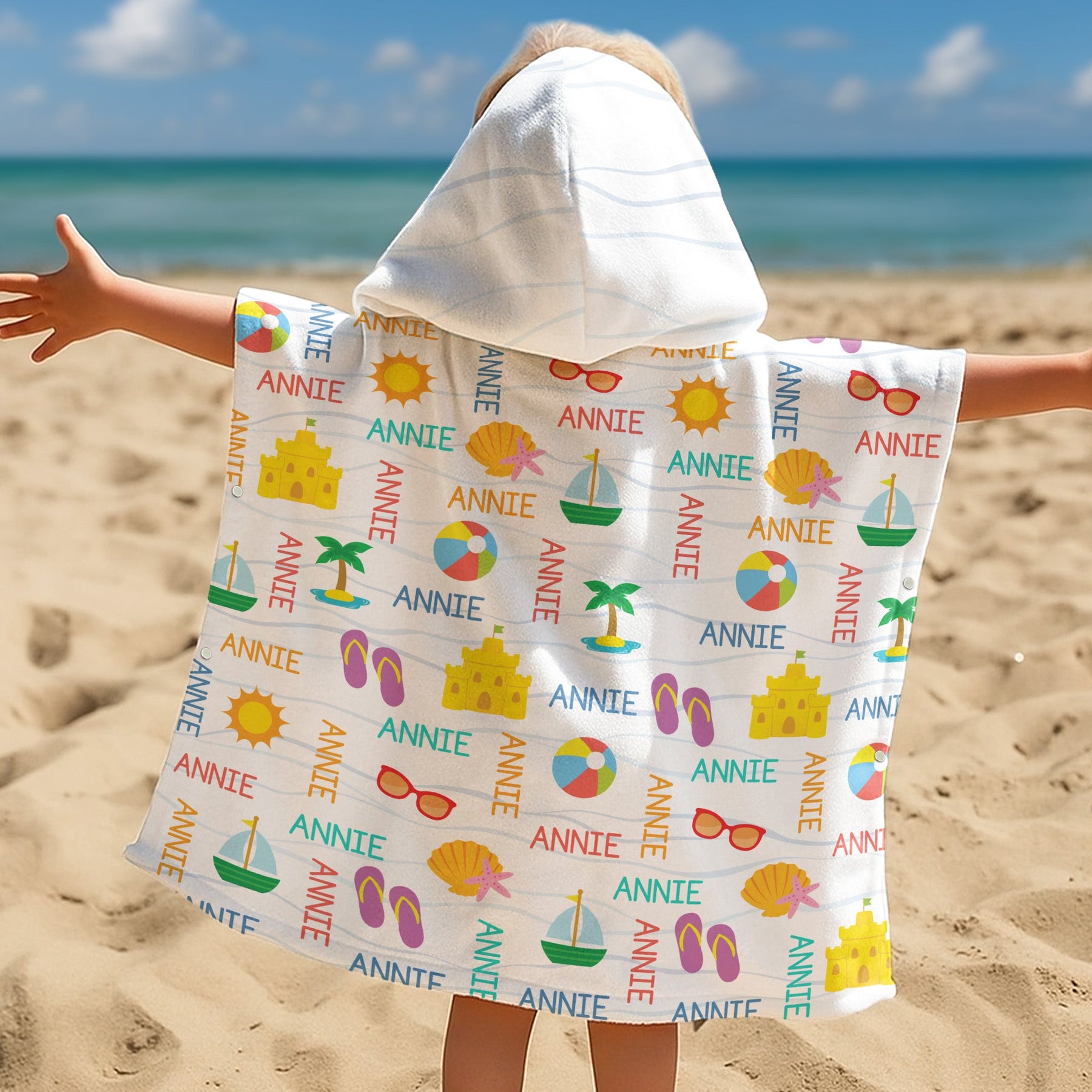 Custom Name With Summer And Beach Pattern - Personalized Kids Hooded Towel