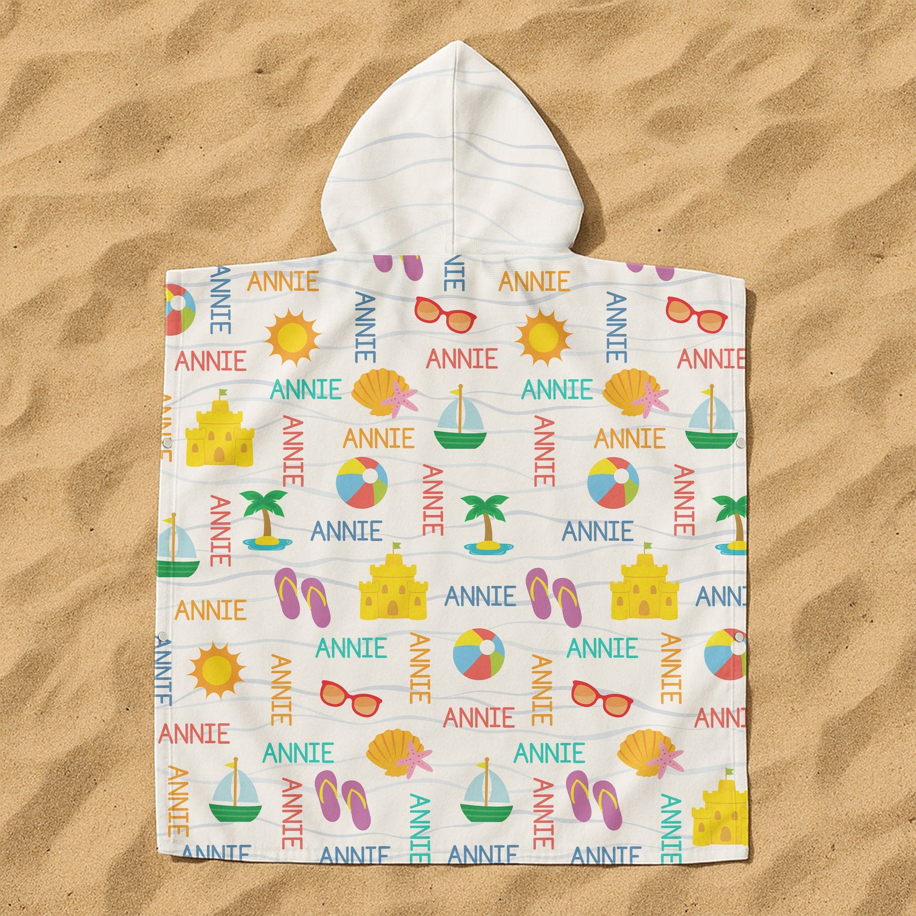 Custom Name With Summer And Beach Pattern - Personalized Kids Hooded Towel