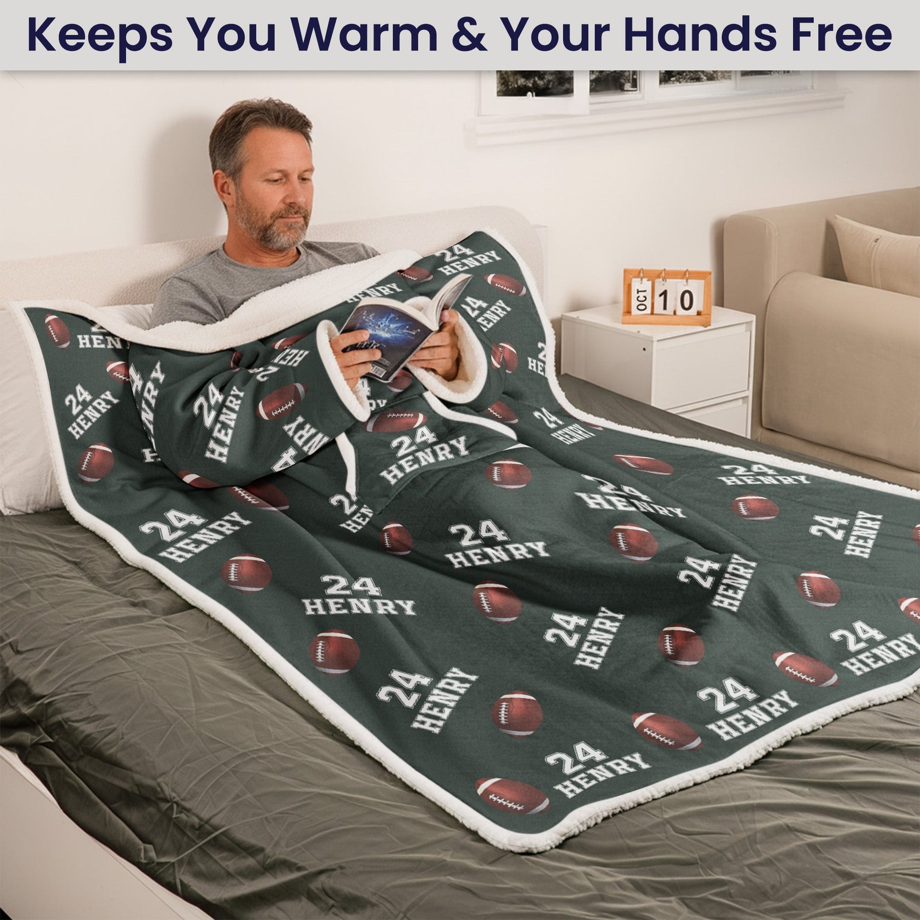 Custom Name, Number Baseball, Basketball, Football, Hockey - Personalized Wearable Blanket With Sleeves