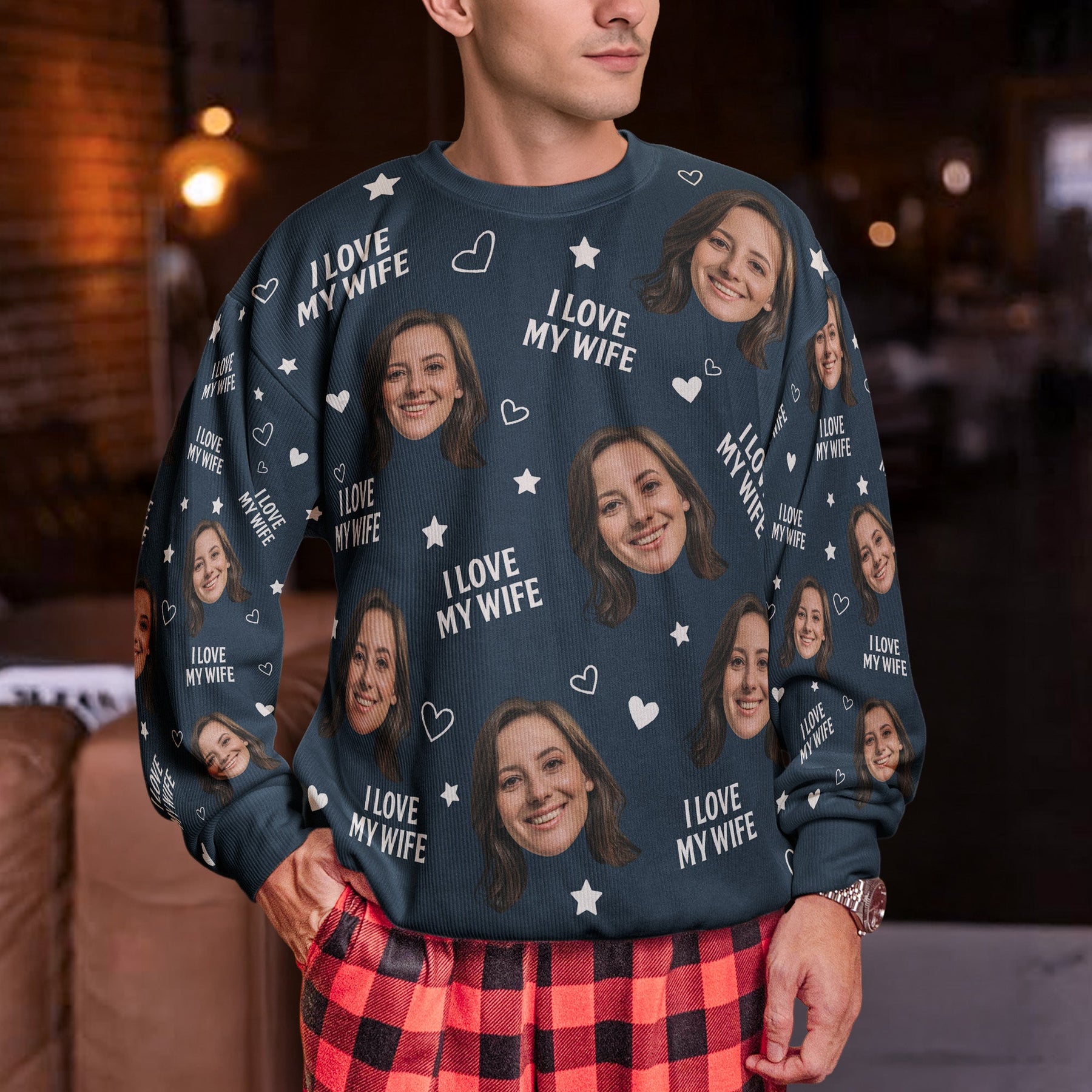 Custom Photo Funny Face I Love My Lover - Personalized Matching Photo Sweater