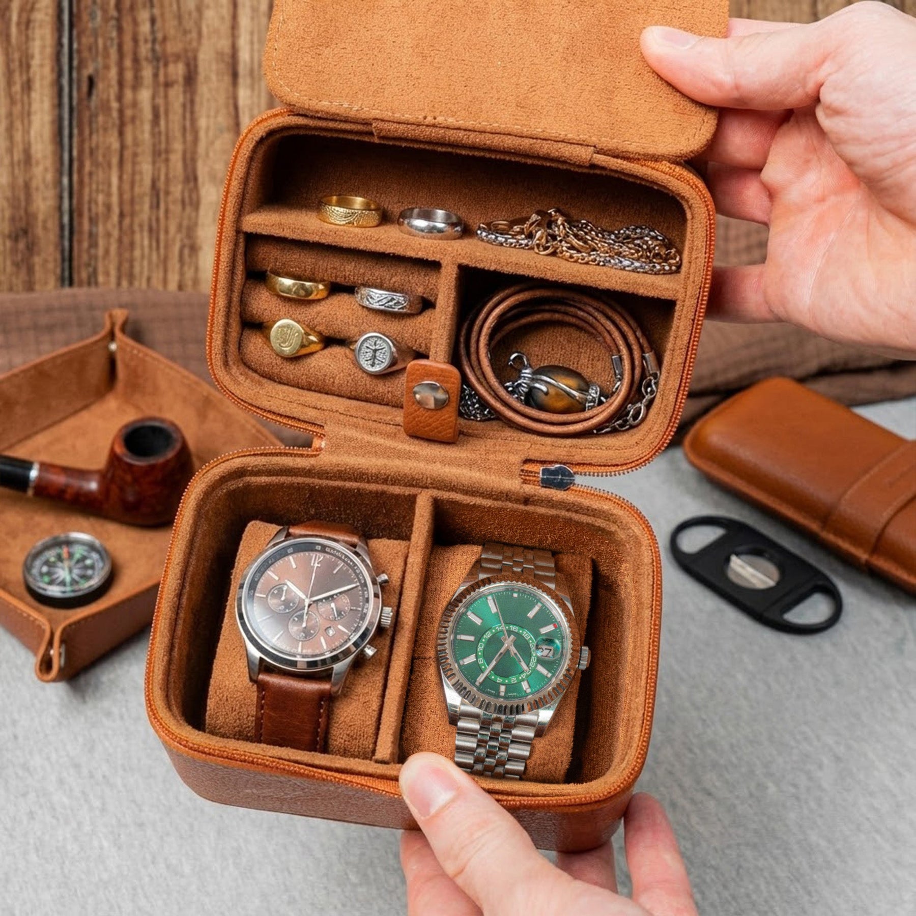 Custom Vintage Monogram Family Name, Couples Initial For Him, Men, Husband - Personalized Watch Travel Case