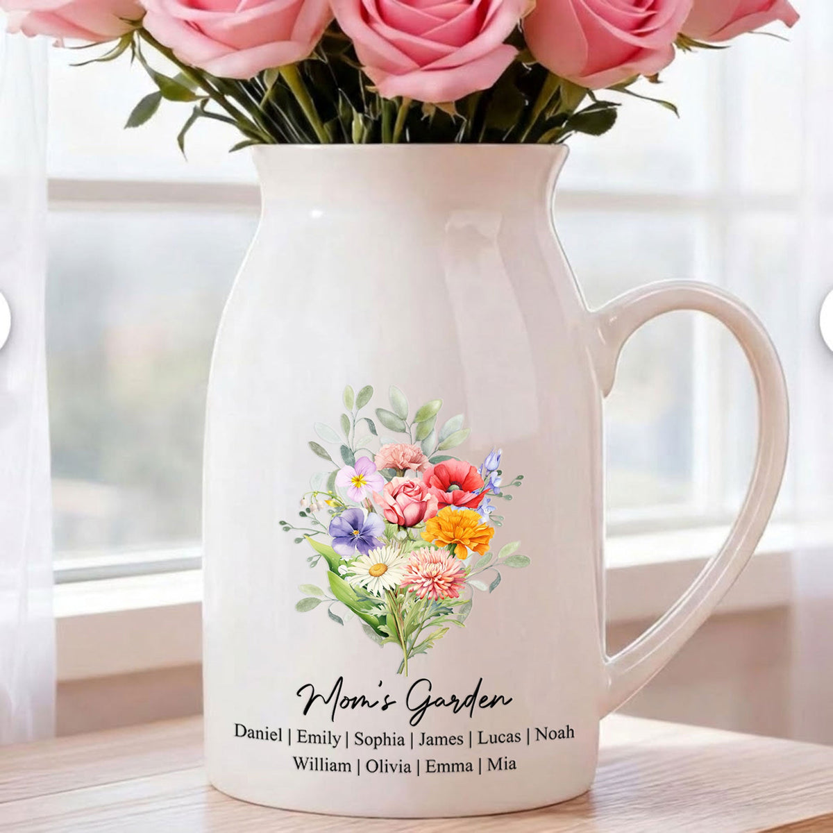 Custom Birth Flower Bouquet Flowers Gift For Mom, Grandma, Family - Personalized Vase