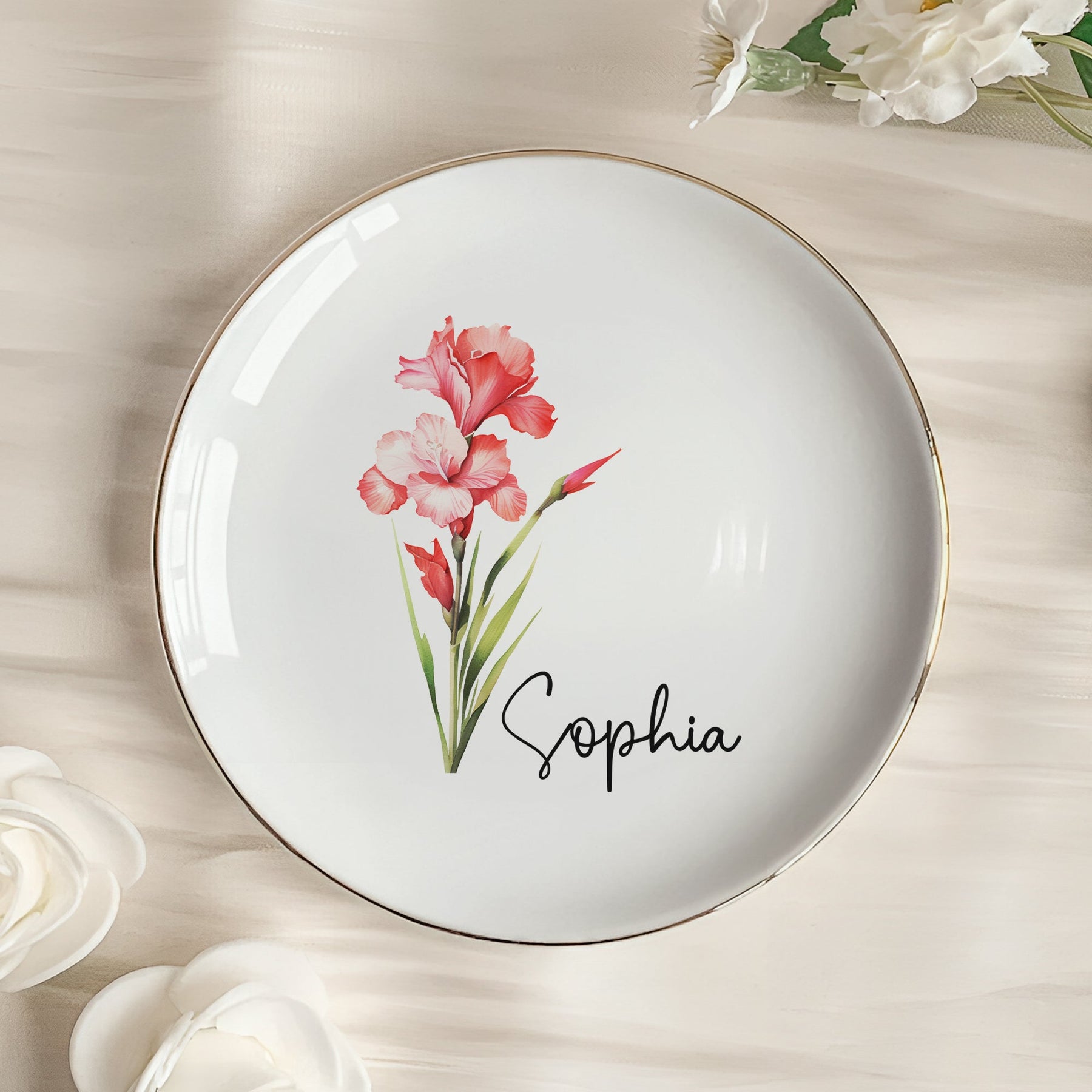 Custom Birth Flower & Name For Her, Gift For Friends, Sisters - Personalized Jewelry Dish