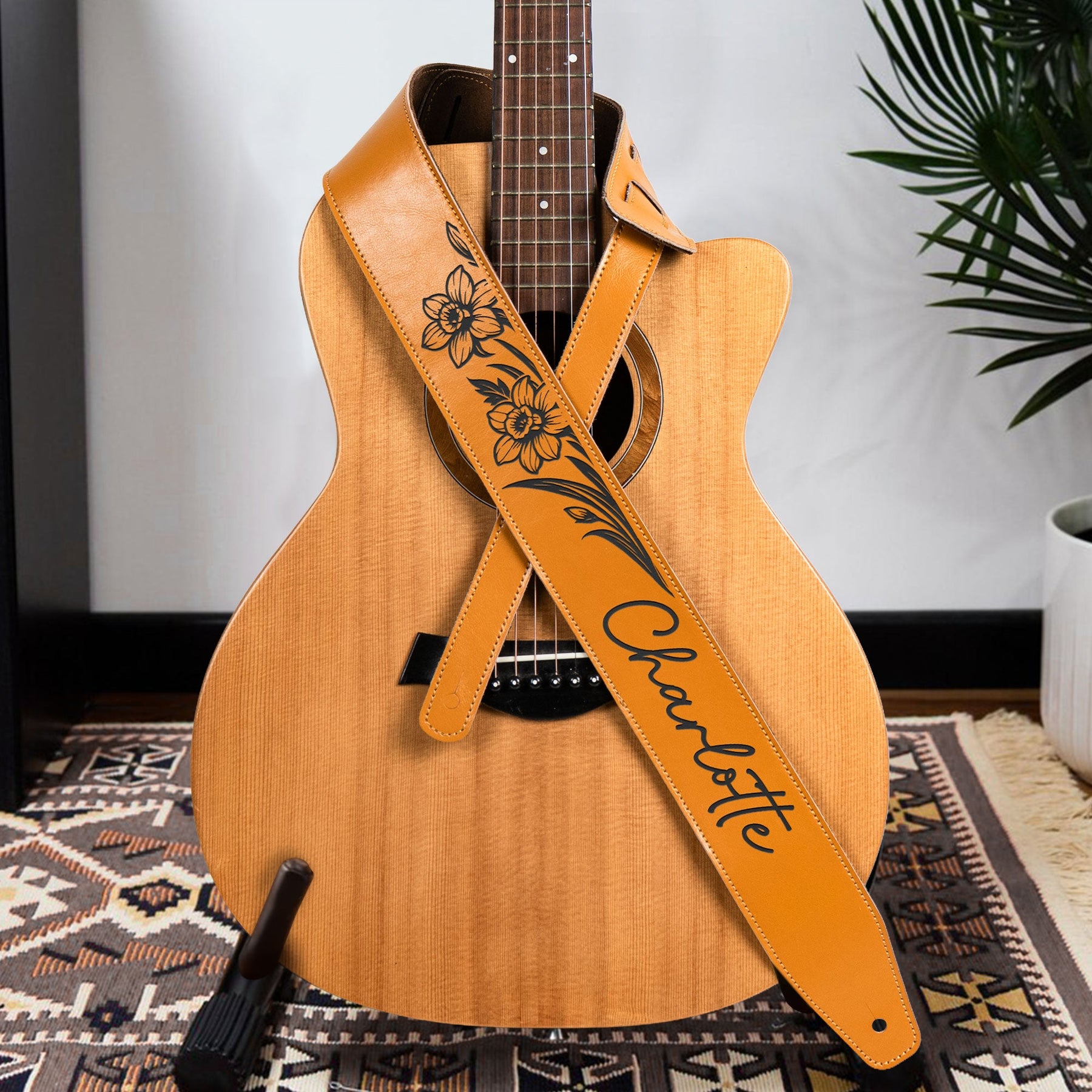 Custom Birth Flower - Personalized Leather Guitar Strap