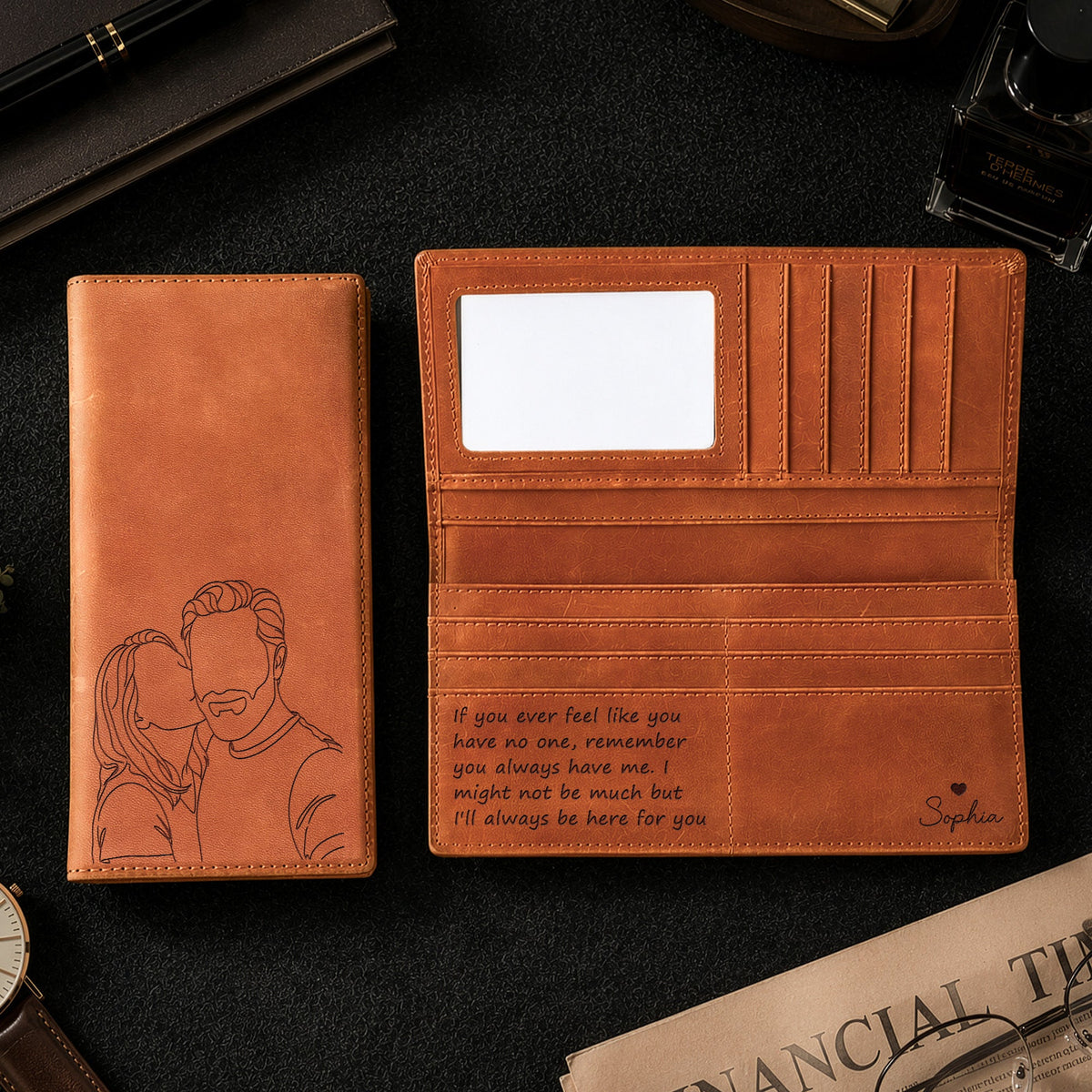 Custom Couple Photo Line Art Anniversary Gift For Husband, Boyfriend - Personalized Wallet