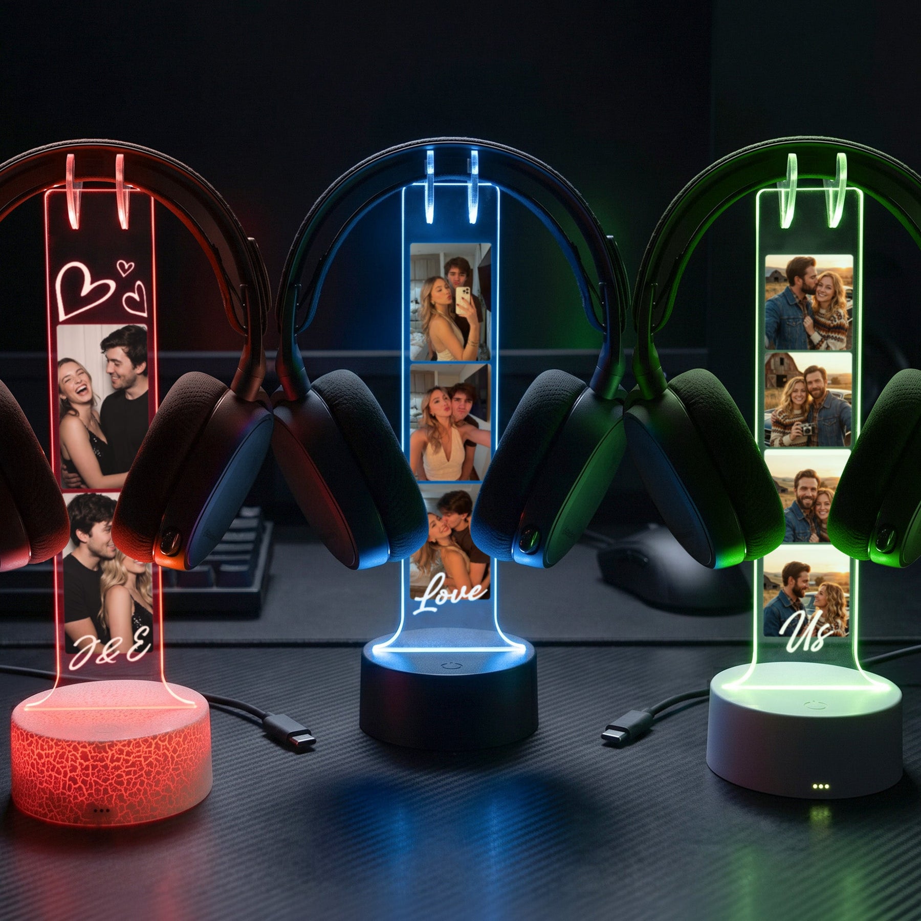 Custom Couples Photo & Message For Him, Her - Personalized Headphone Stand
