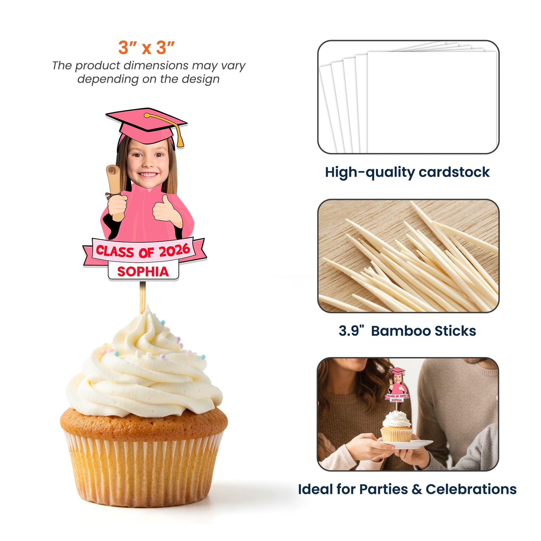 Custom Funny Face Graduation - Personalized Cupcake Toppers