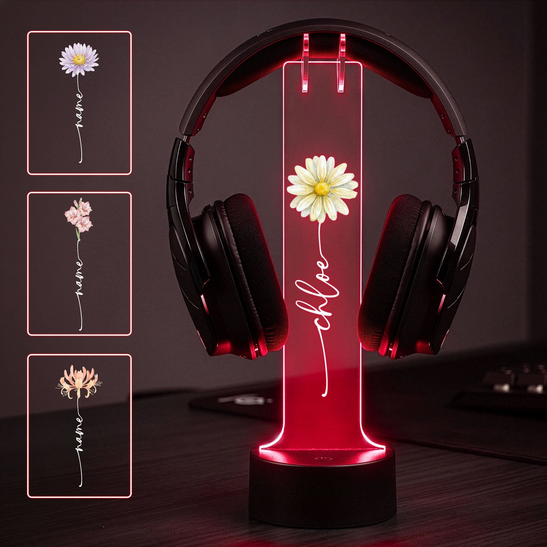 Custom Name & Birth Flower Gift For Her Version 1 - Personalized Headphone Stand