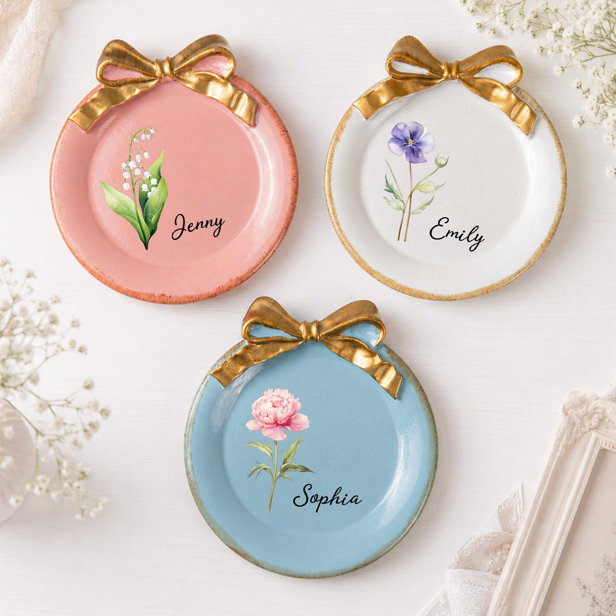 Custom Name & Birth Flower Ring Dish With Bow - Personalized Jewelry Dish