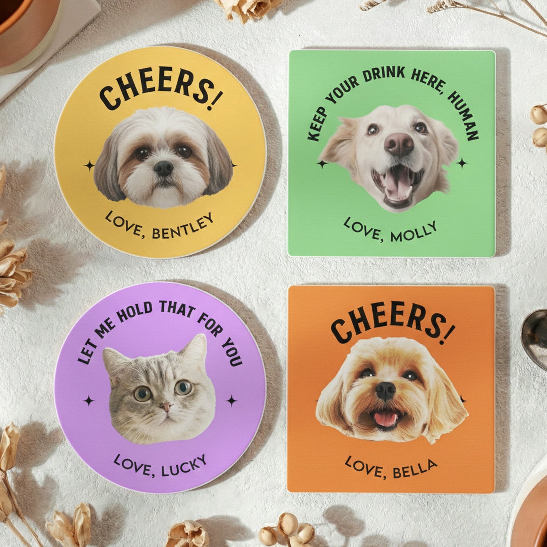 Custom Pet, Dog, Cat, Drinks On Me - Personalized Photo Ceramic Coaster