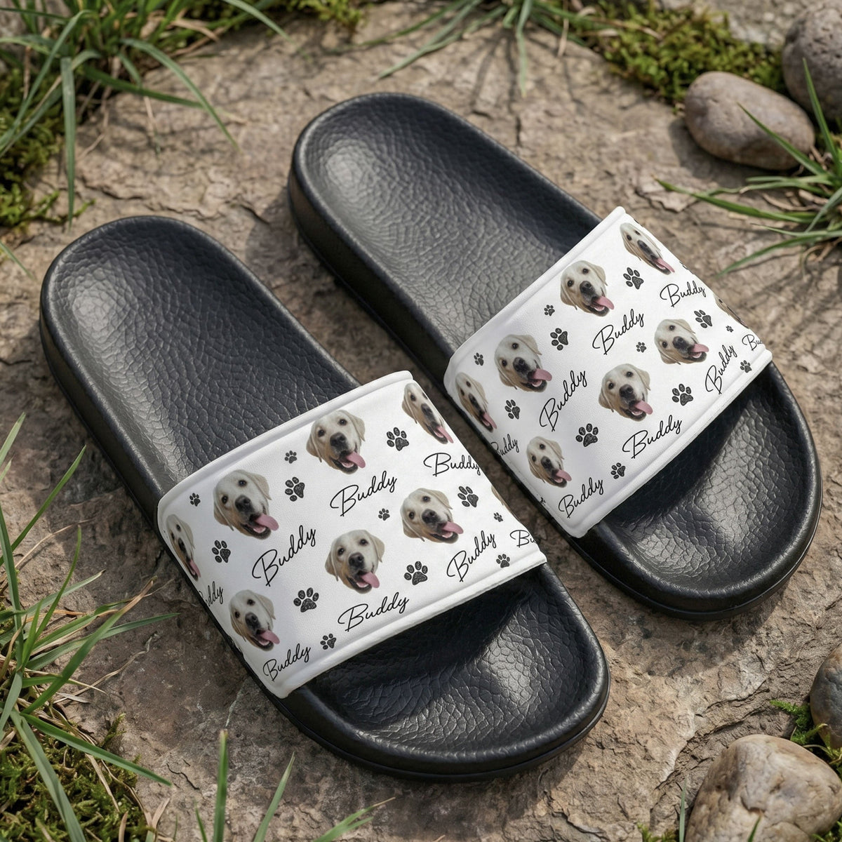 Custom Pet Photo With Name & Paw Print - Personalized Slide Sandals