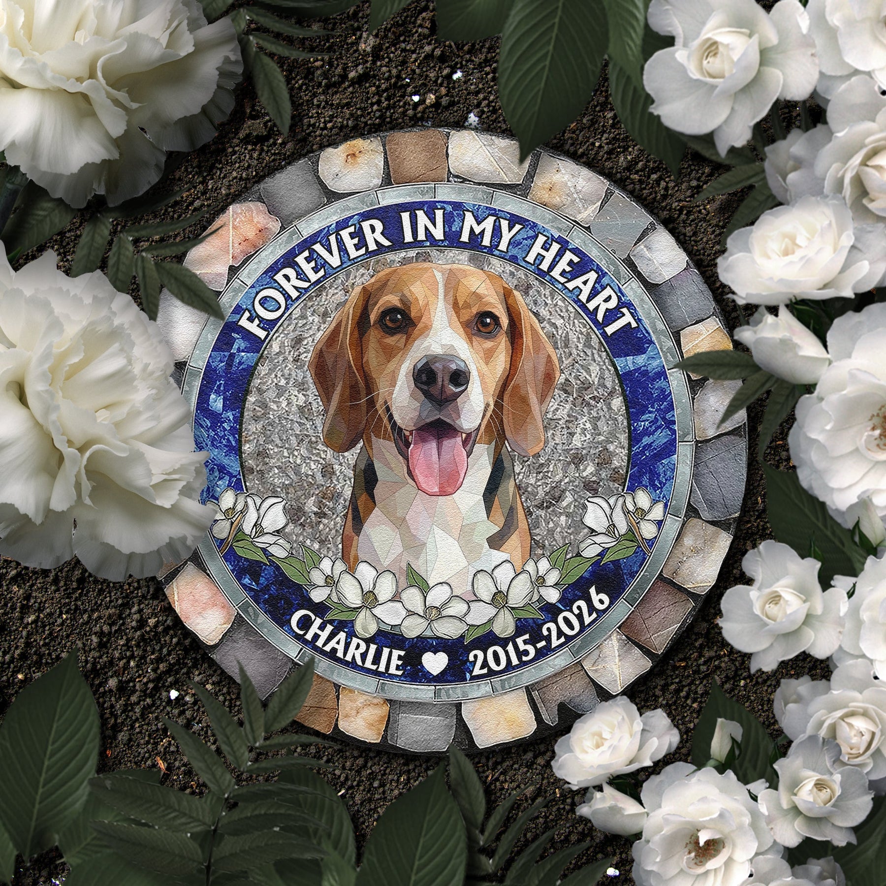 Custom Pet Portrait Memorial Gift Forever In My Heart Stained Glass Style - Personalized Garden Stone