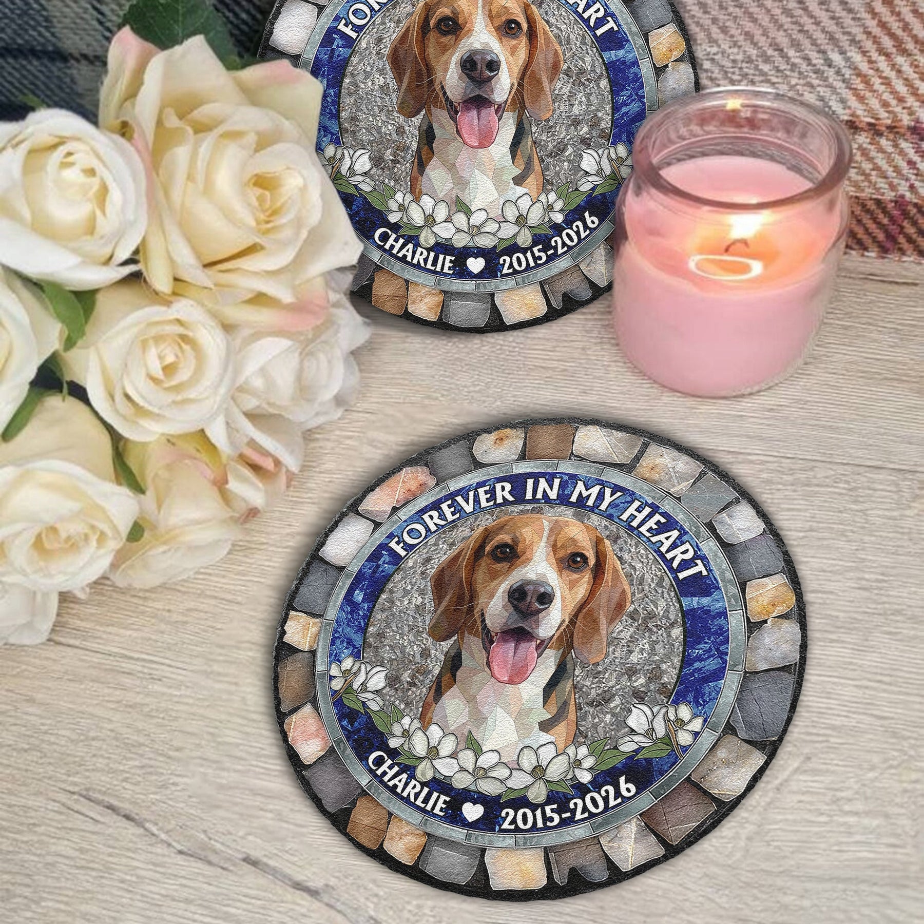 Custom Pet Portrait Memorial Gift Forever In My Heart Stained Glass Style - Personalized Garden Stone