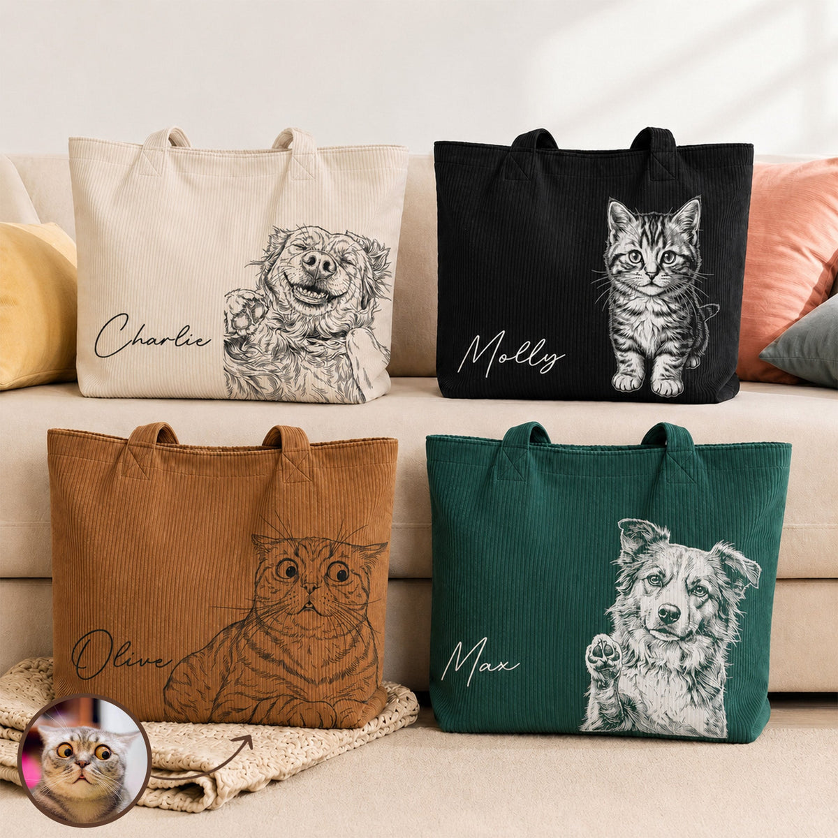 Custom Pet Portrait Sketch Line Art Gift For Dog Mom, Cat Mom - Personalized Tote Bag