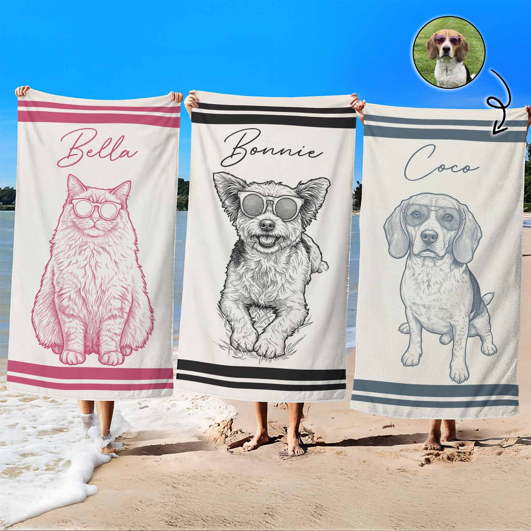 Custom Pet Portrait Sketch Line Art Summer Gift For Pet Lovers - Personalized Beach Towel
