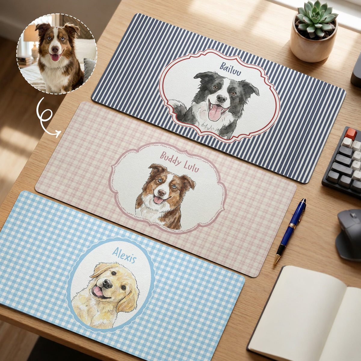 Custom Pet Portrait Watercolor Art Striped Pattern - Personalized Desk Mat