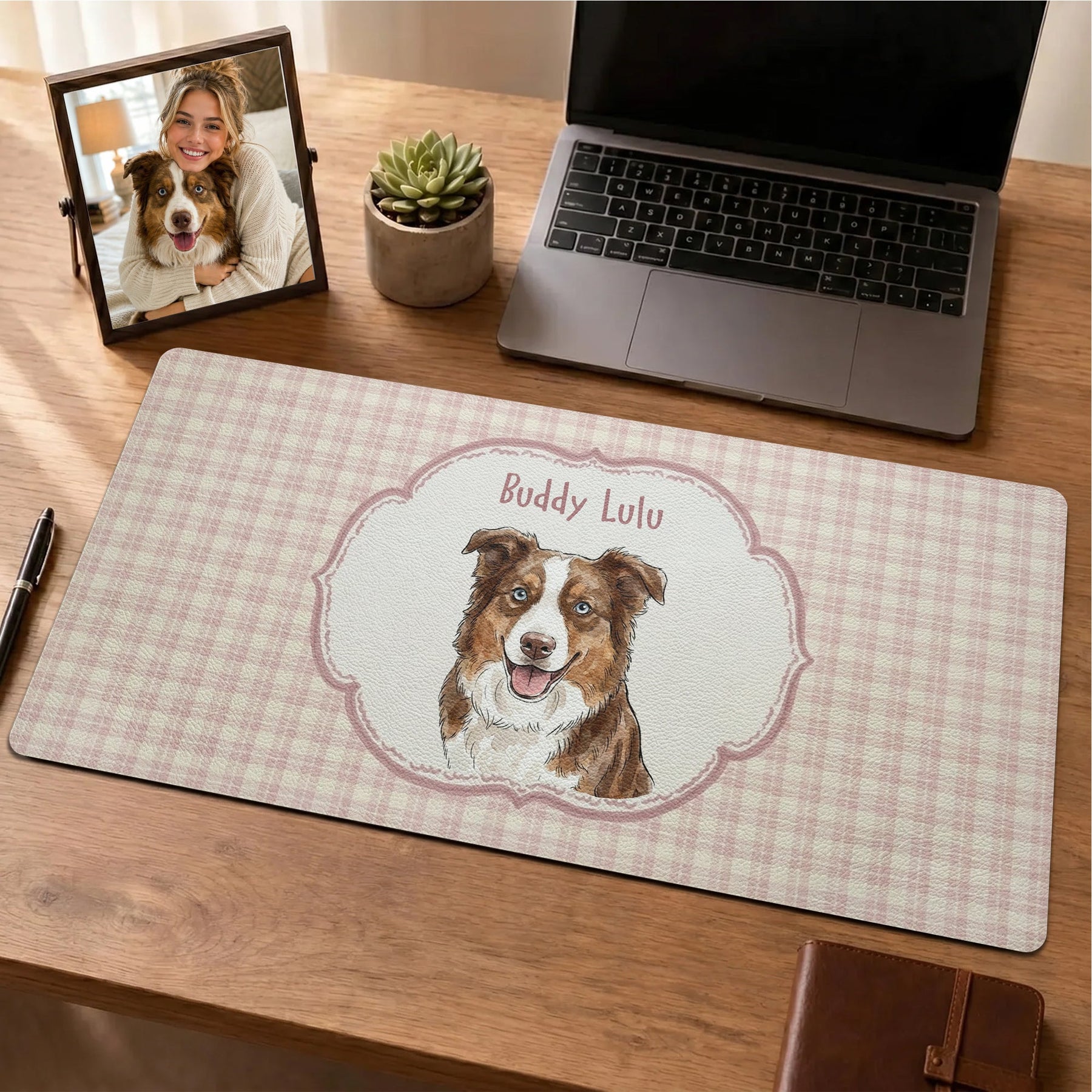 Custom Pet Portrait Watercolor Art Striped Pattern - Personalized Desk Mat