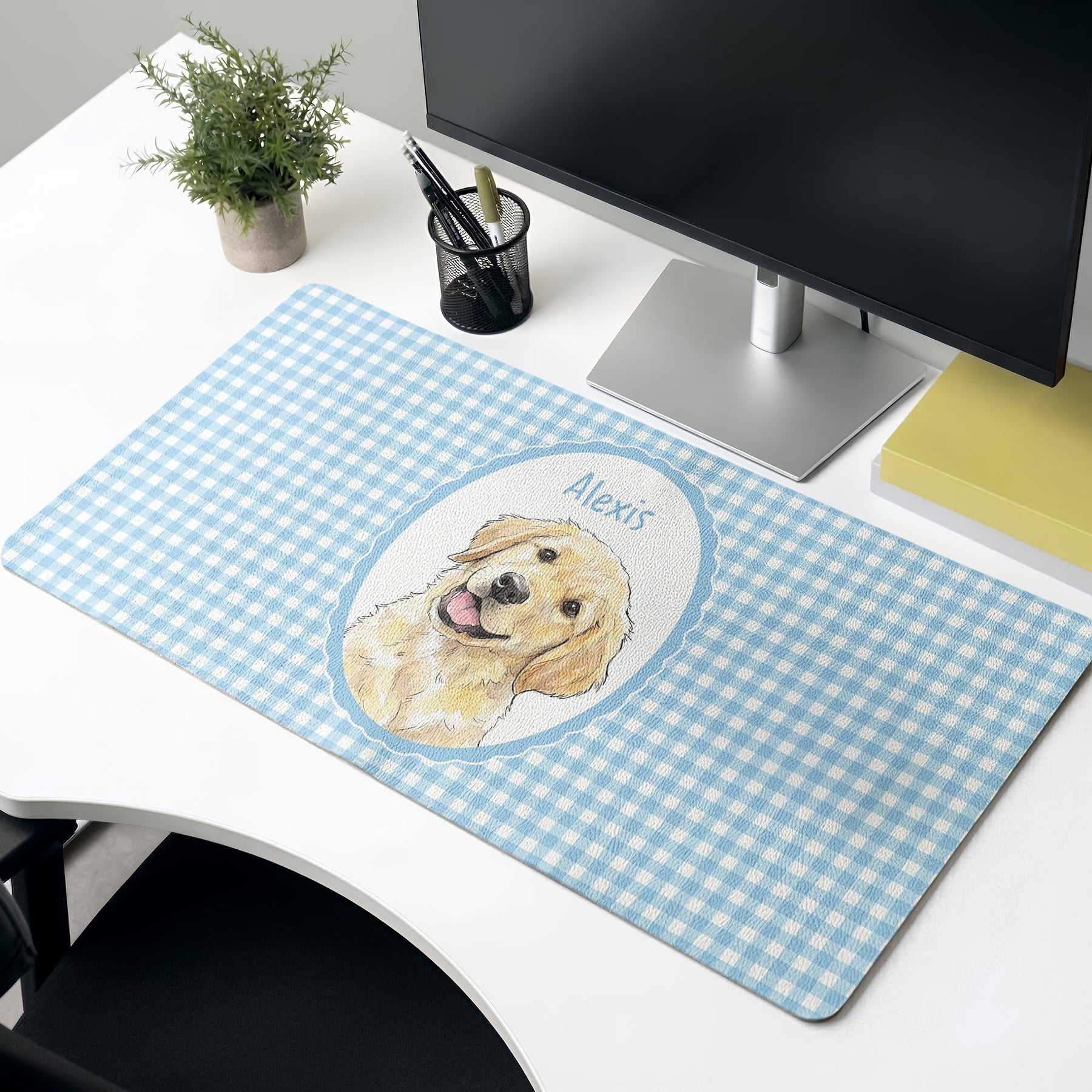 Custom Pet Portrait Watercolor Art Striped Pattern - Personalized Desk Mat