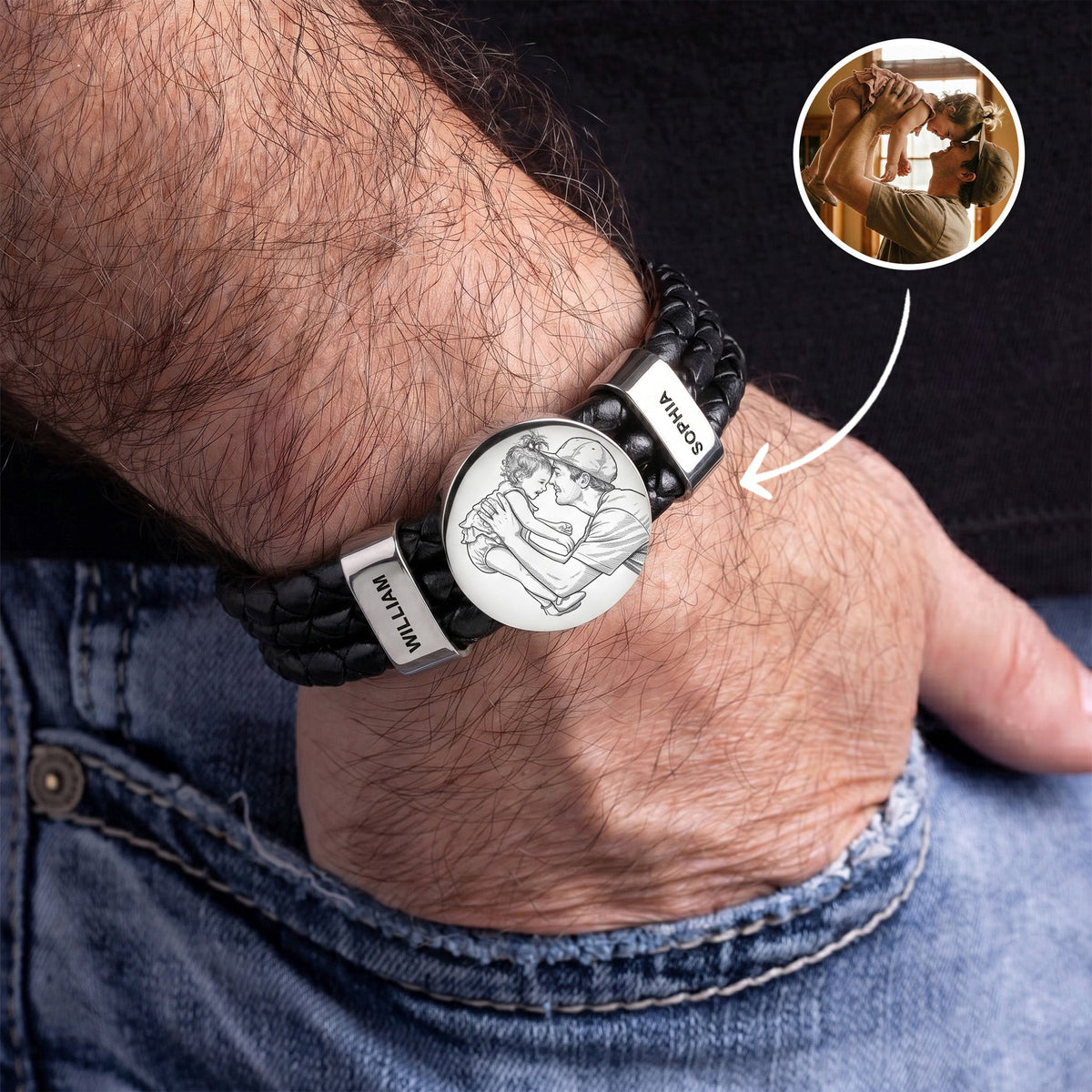 Custom Photo Sketch Line Art Father's Day Gift For Dad, New Dad, Husband - Personalized Bracelet