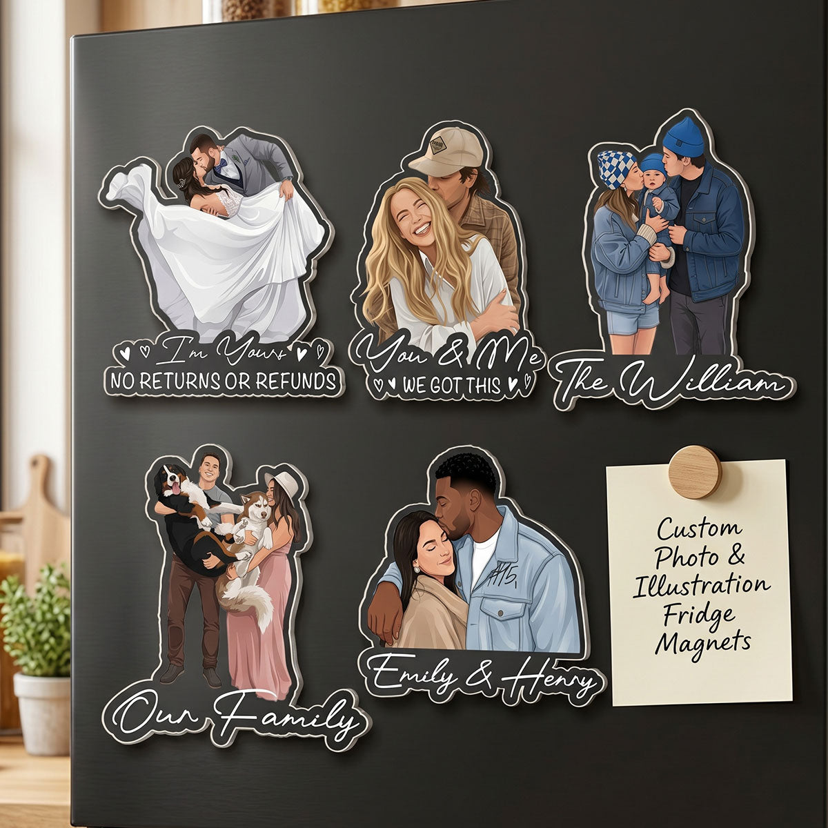Custom Portrait Art Acrylic Magnet, Family Couples With Pets Photo - Personalized Magnet