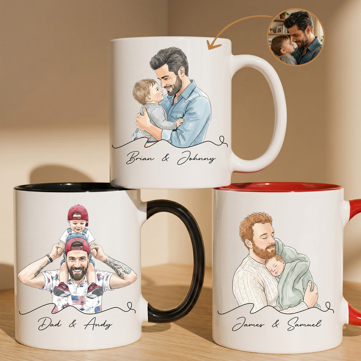 Custom Portrait Watercolor Father's Day Gift For Dad, New Dad, Husband - Personalized Mug