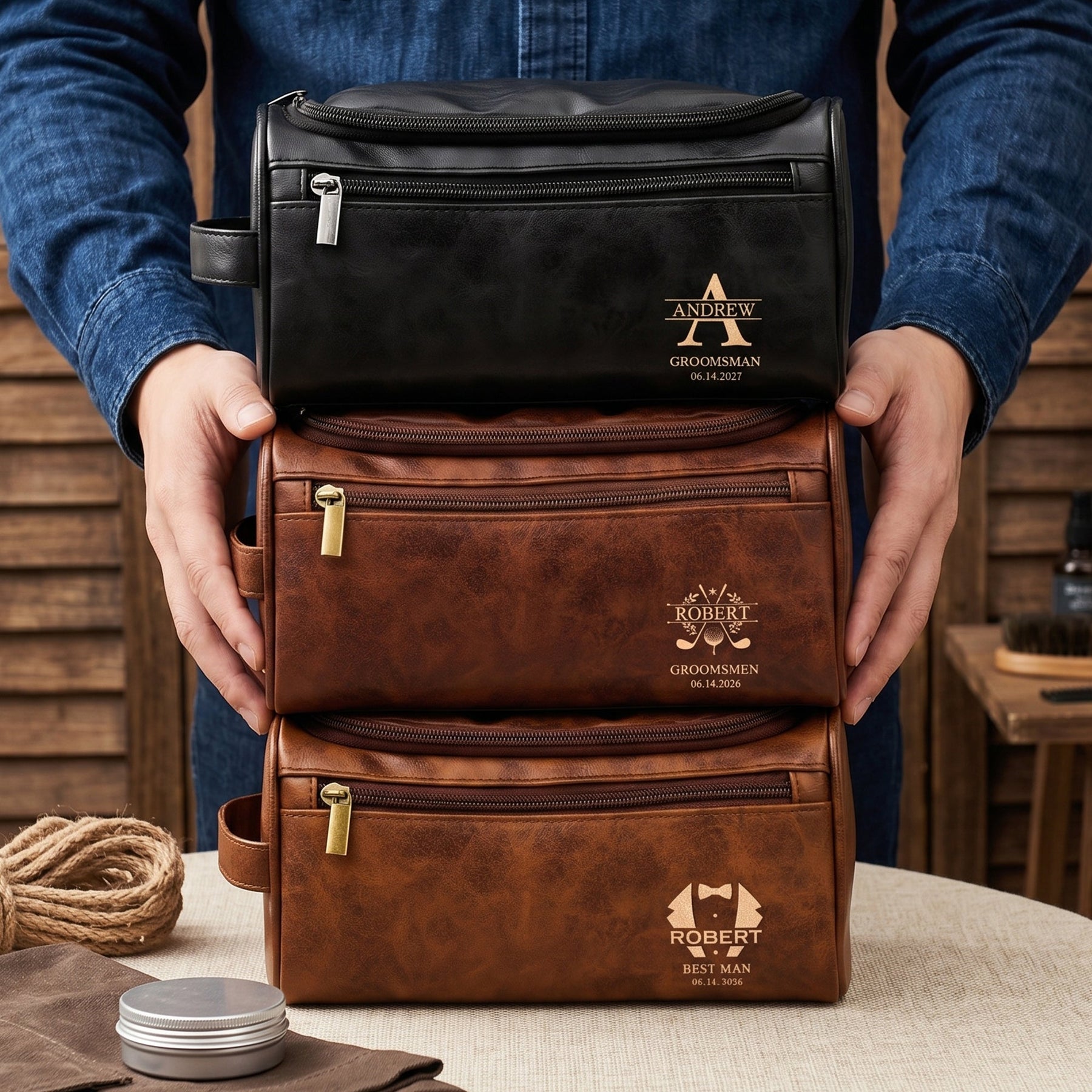 Custom Vintage Initial Name & Date For Best Man, Groomsman, Groomsmen, Groom Wedding Gifts - Personalized Leather Toiletry Bag
