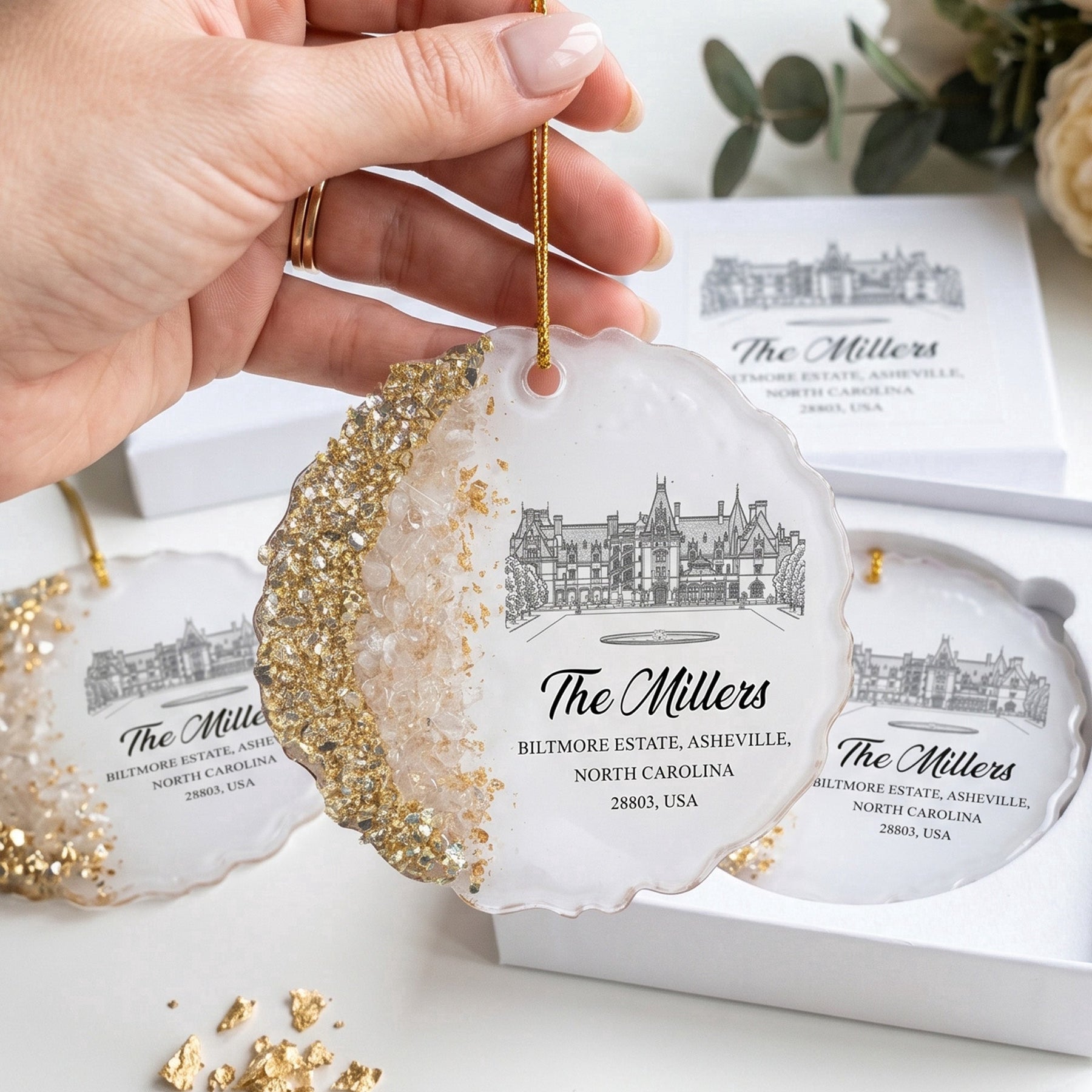 Custom Wedding Venue Photo, Toile Illustrated Venue Favors Guest Gifts - Personalized Resin Ornament