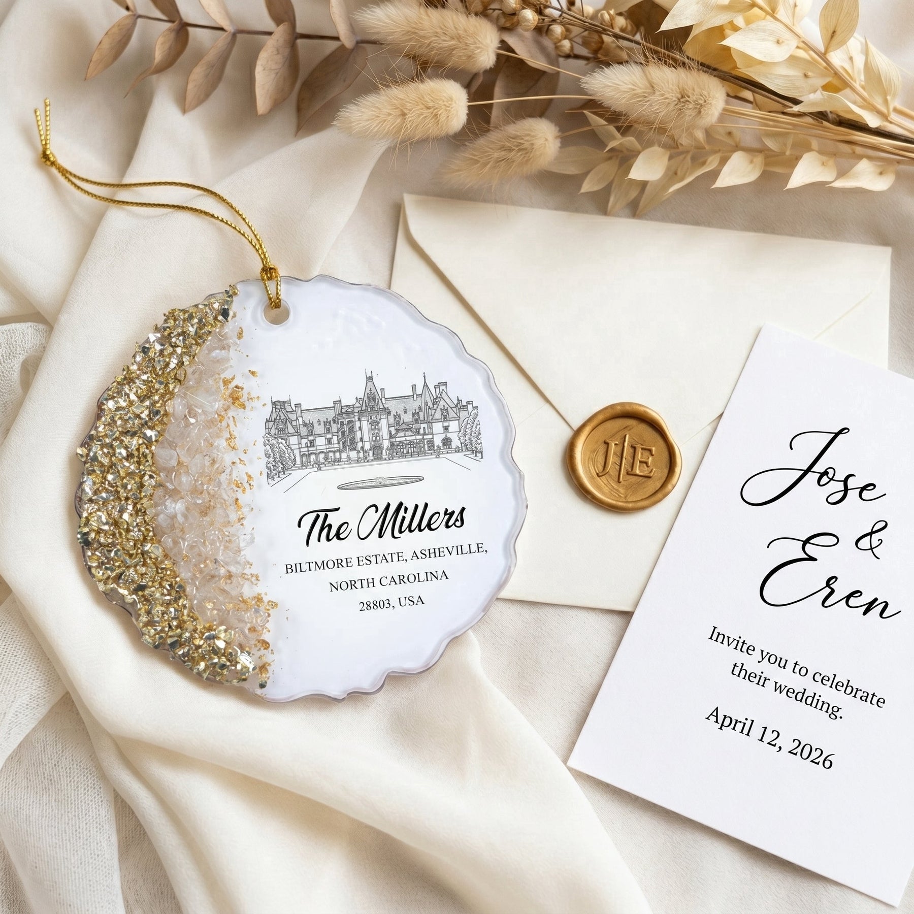 Custom Wedding Venue Photo, Toile Illustrated Venue Favors Guest Gifts - Personalized Resin Ornament